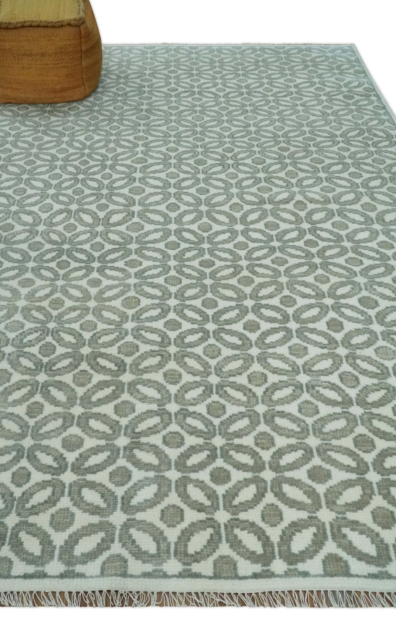 Modern Geometrical Ivory, Teal and Brown Hand Knotted 8x10 wool Area Rug - Image 3