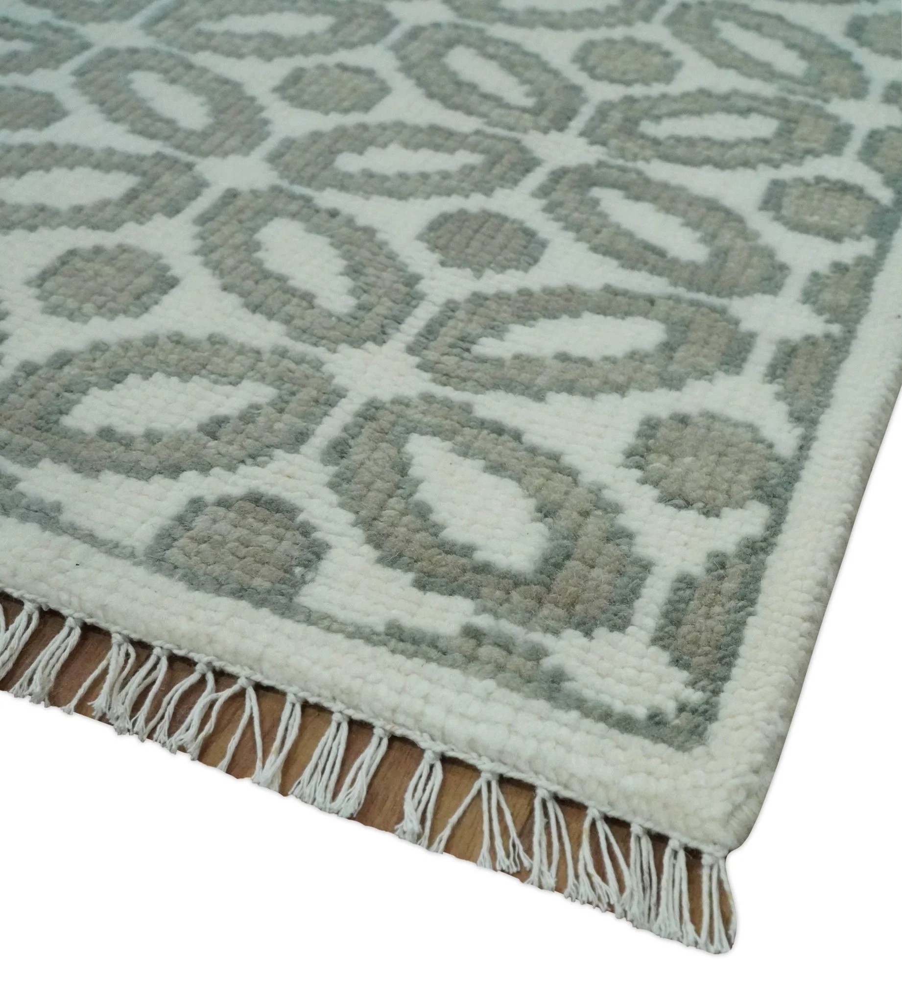 Modern Geometrical Ivory, Teal and Brown Hand Knotted 8x10 wool Area Rug - Image 5