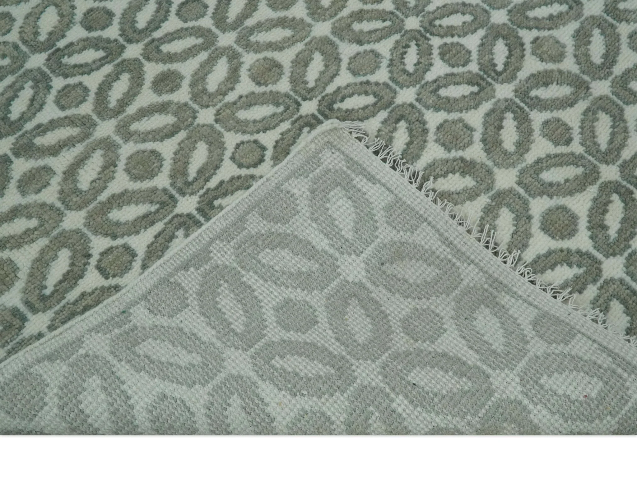 Modern Geometrical Ivory, Teal and Brown Hand Knotted 8x10 wool Area Rug - Image 7