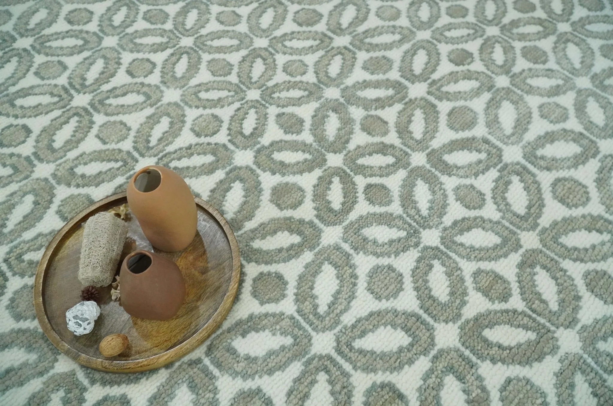 Modern Geometrical Ivory, Teal and Brown Hand Knotted 8x10 wool Area Rug - Image 8