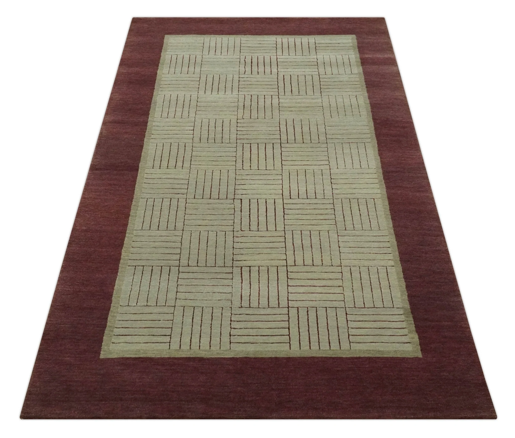 Modern Geometrical Hand knotted Maroon and Beige 5x8 Wool and Art Silk Area Rug - Image 10