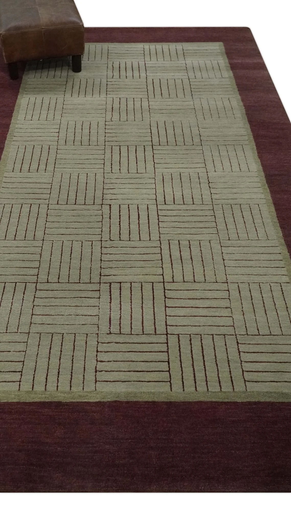 Modern Geometrical Hand knotted Maroon and Beige 5x8 Wool and Art Silk Area Rug - Image 3