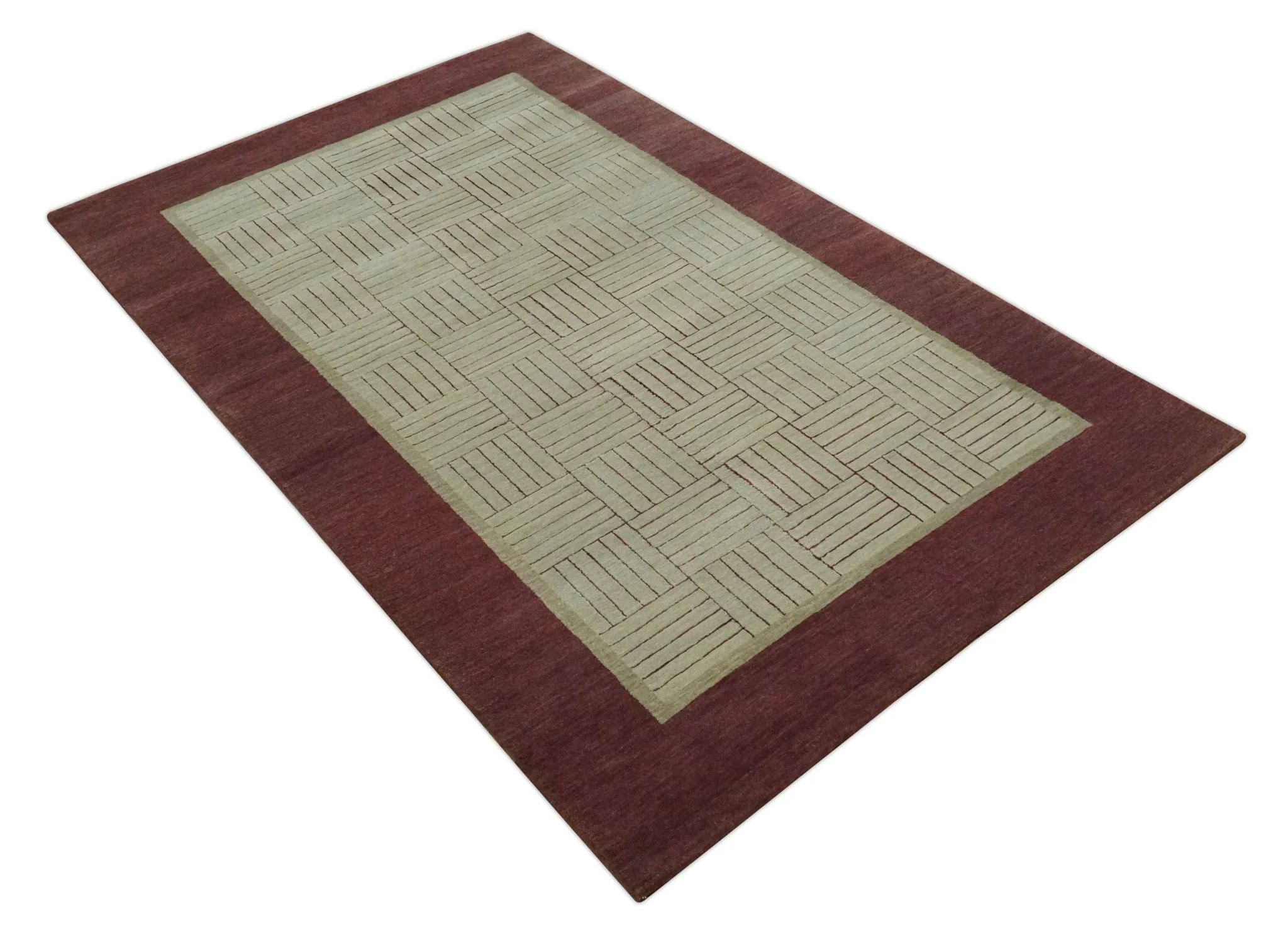 Modern Geometrical Hand knotted Maroon and Beige 5x8 Wool and Art Silk Area Rug - Image 9