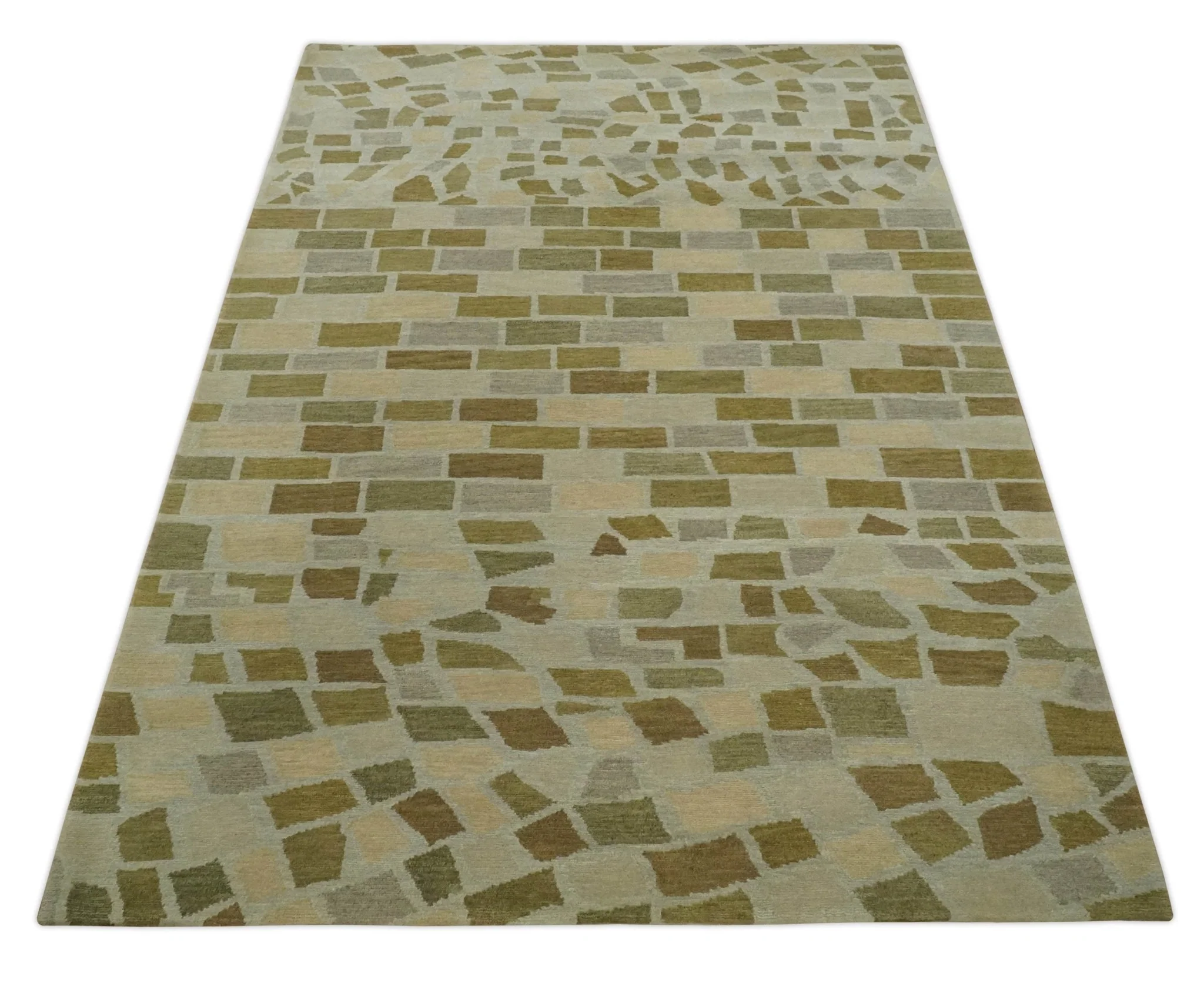 Modern Geometrical Olive, Green, Silver and Beige Hand knotted 5x8 wool Area Rug - Image 10