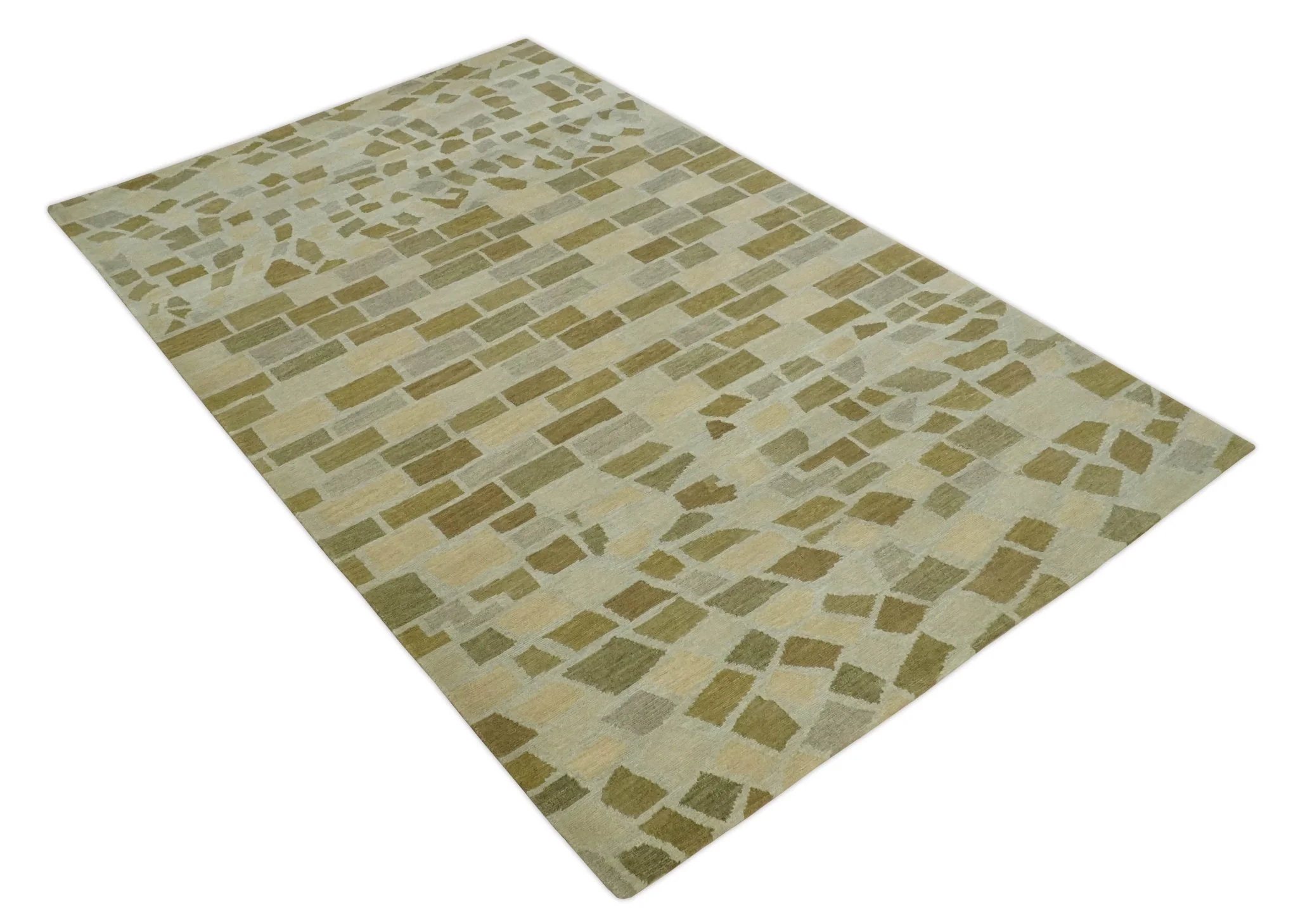 Modern Geometrical Olive, Green, Silver and Beige Hand knotted 5x8 wool Area Rug - Image 9