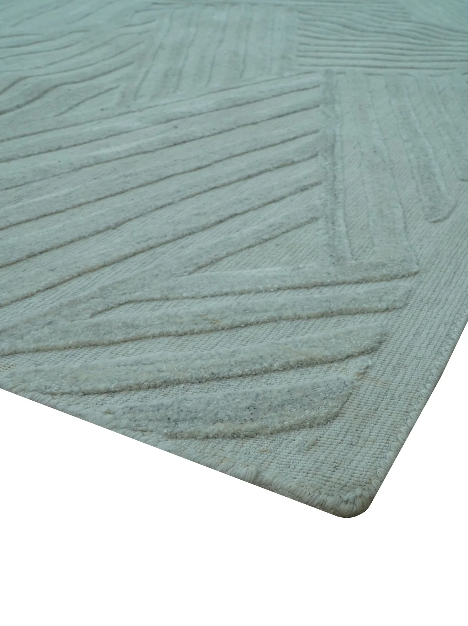 Modern Geometrical Pattern Ivory and Silver Hand Knotted 10x13 Wool Rug - Image 3