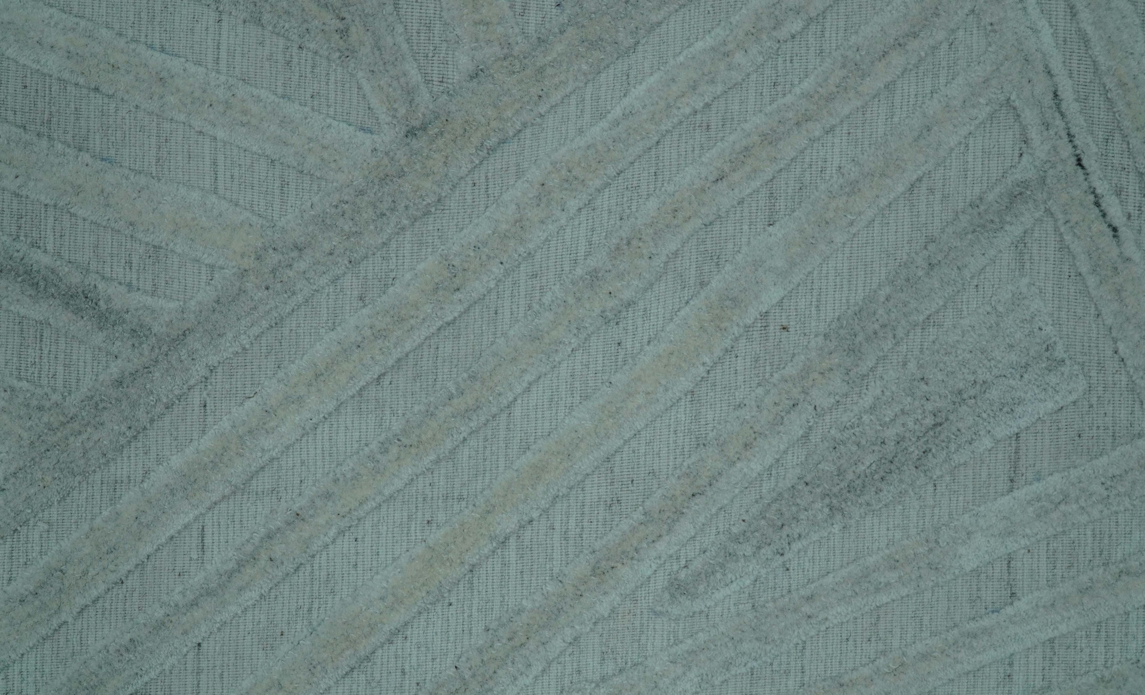 Modern Geometrical Pattern Ivory and Silver Hand Knotted 10x13 Wool Rug - Image 6