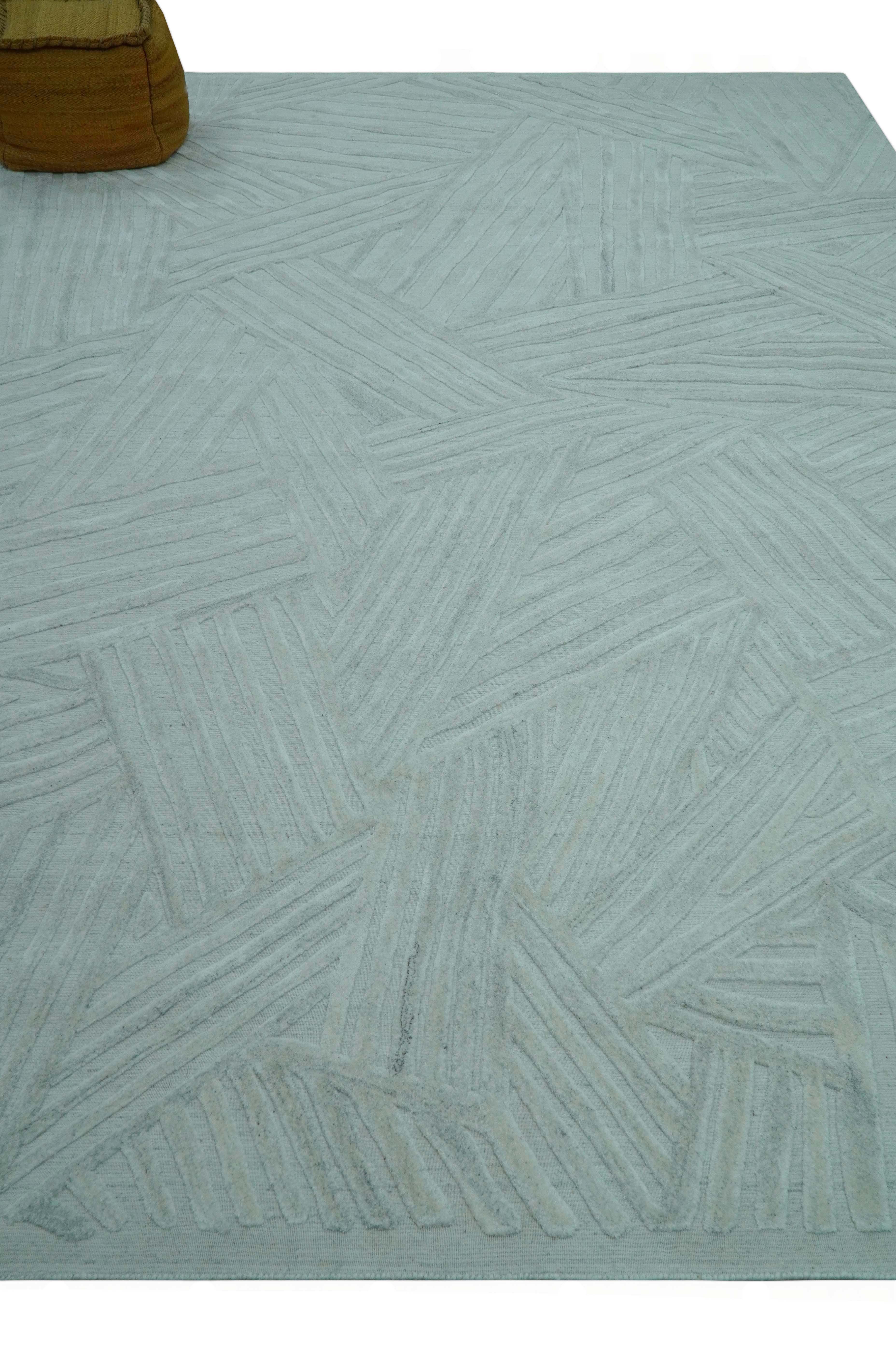 Modern Geometrical Pattern Ivory and Silver Hand Knotted 10x13 Wool Rug - Image 9