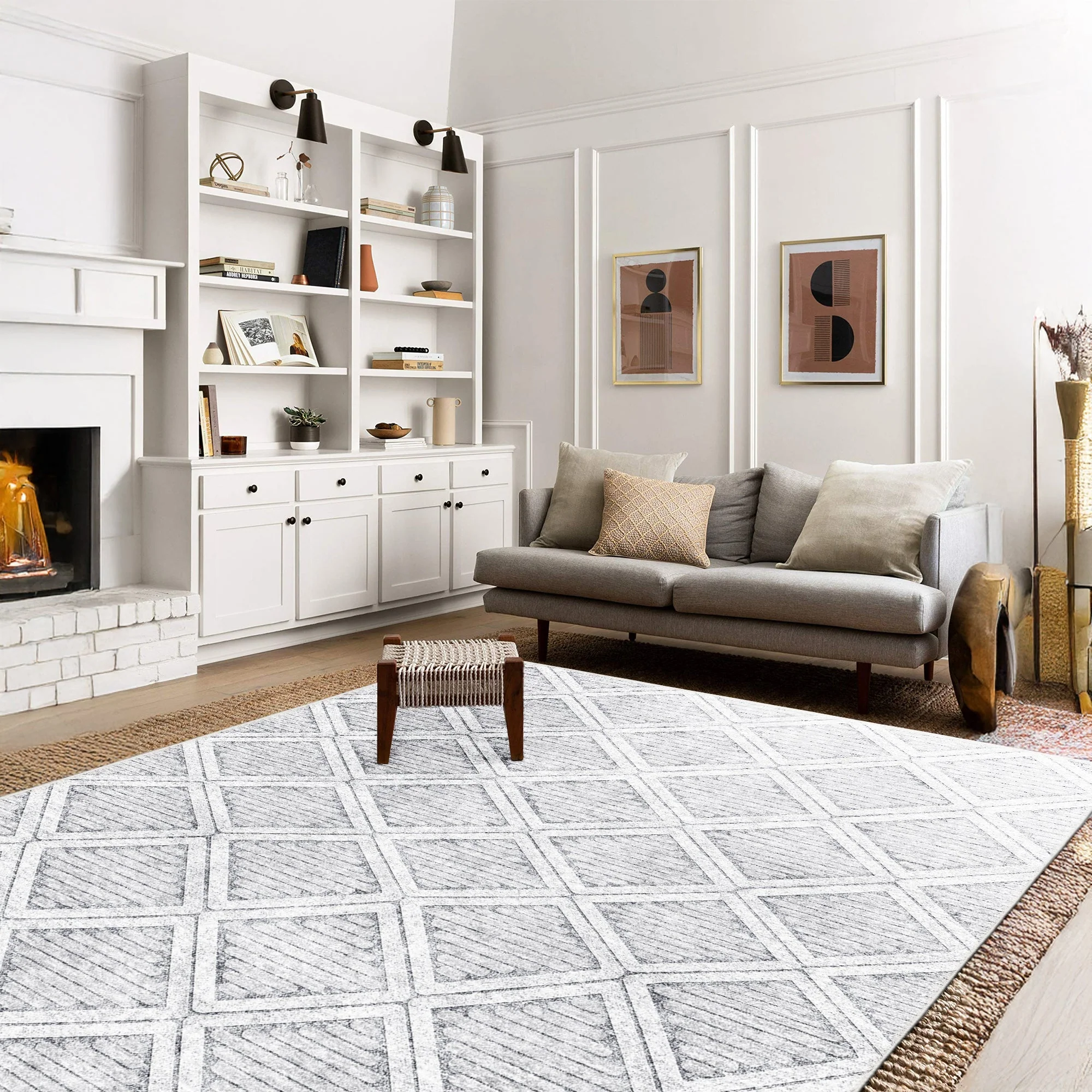 Modern Geometrical Silver Machine Washable Cotton Area Rug - Image 4