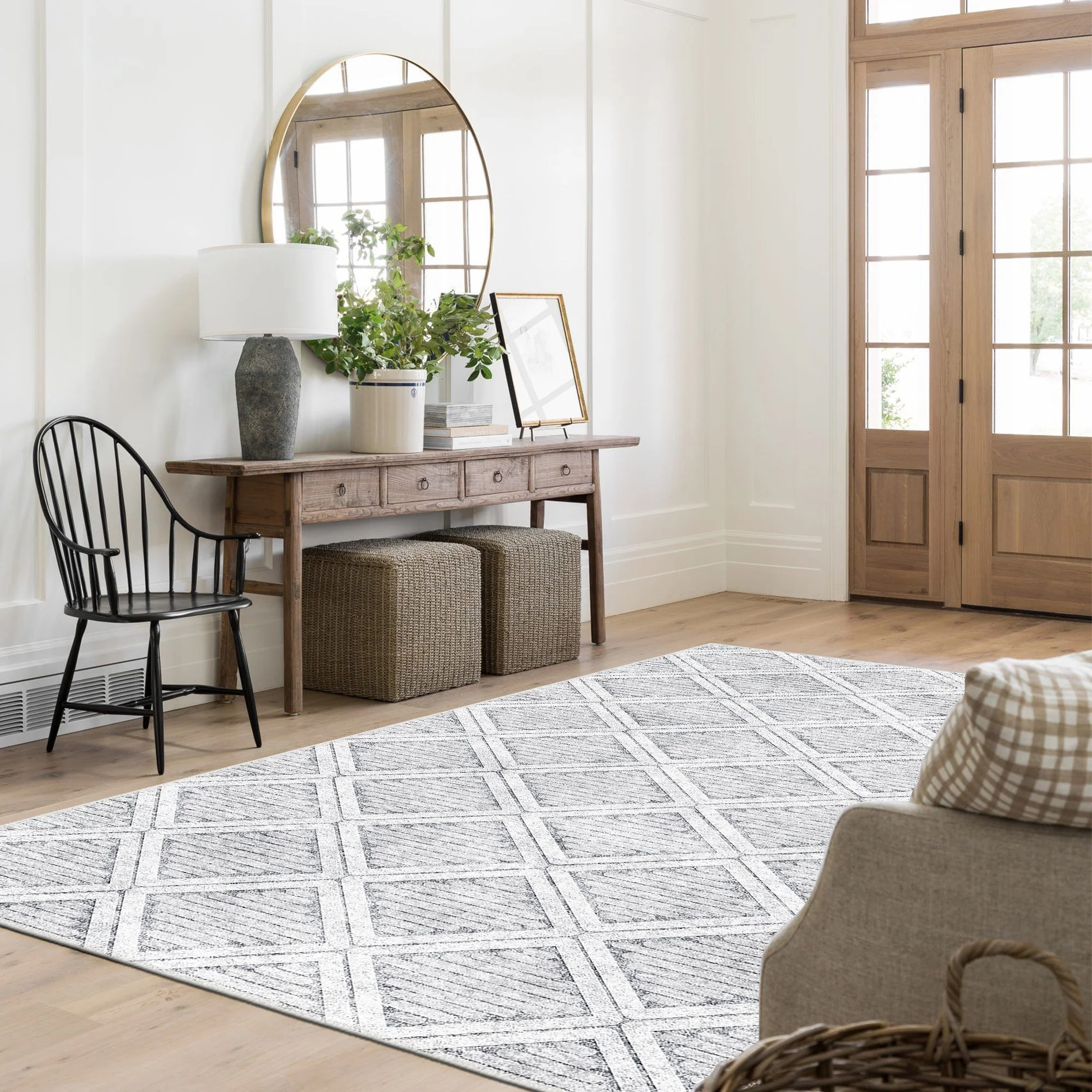 Modern Geometrical Silver Machine Washable Cotton Area Rug - Image 5