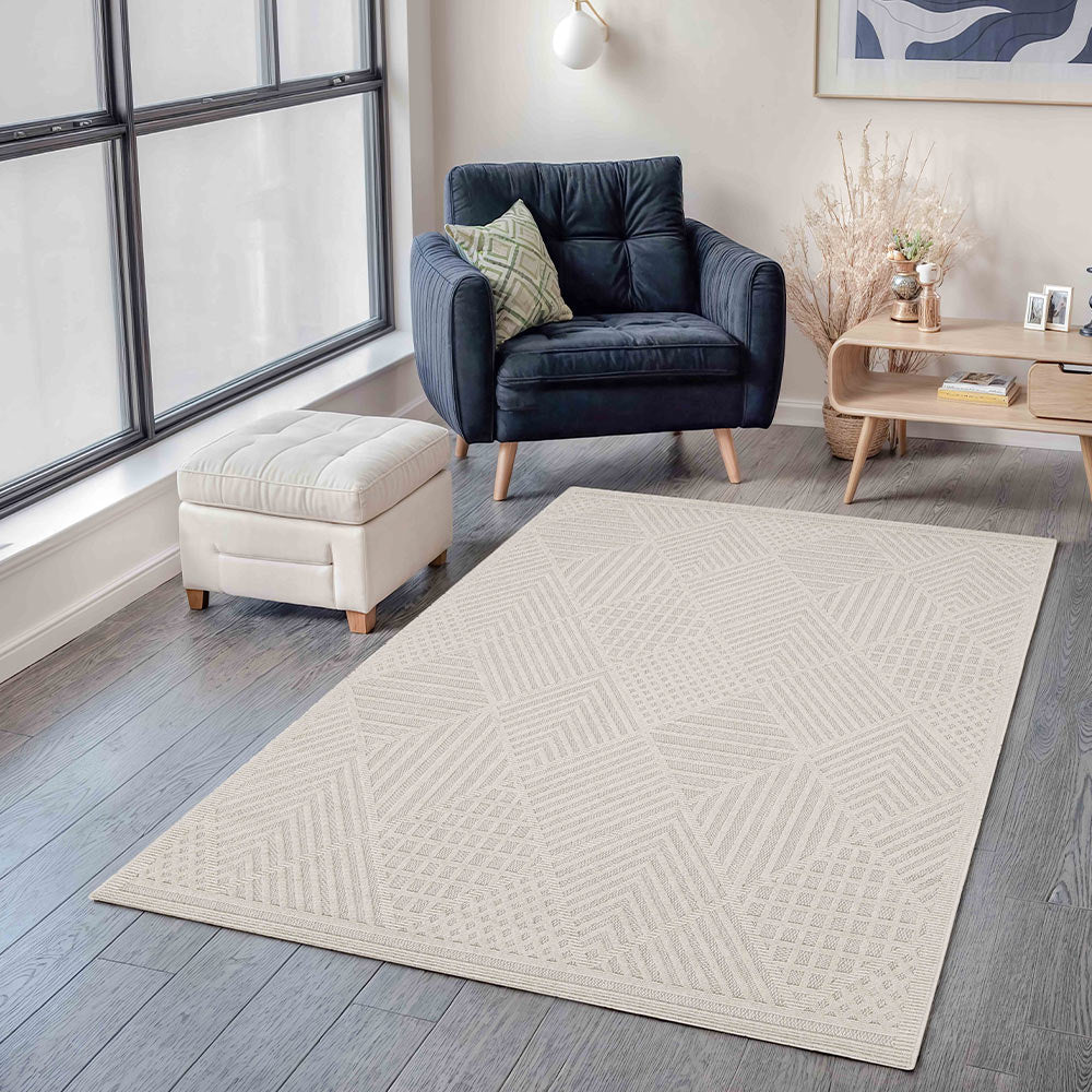 Modern Geometrical White Machine Washable Polypropylene Rug - Image 2