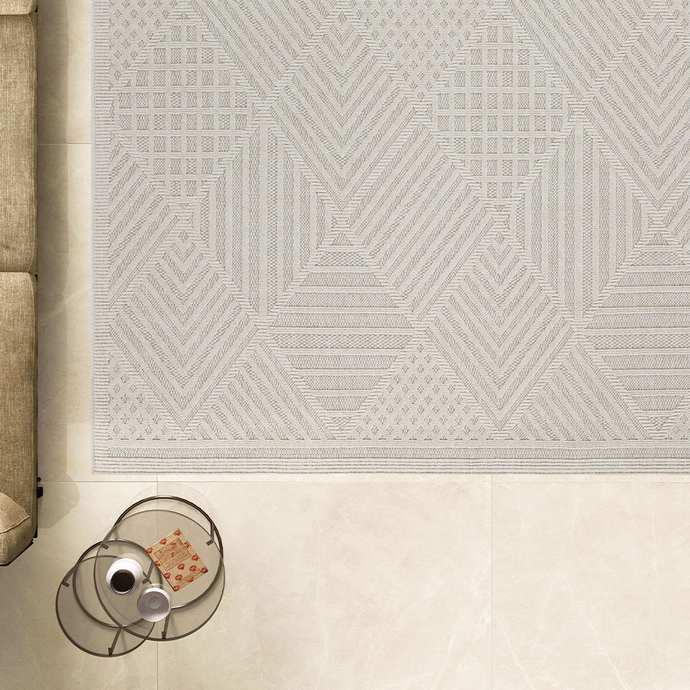 Modern Geometrical White Machine Washable Polypropylene Rug - Image 3