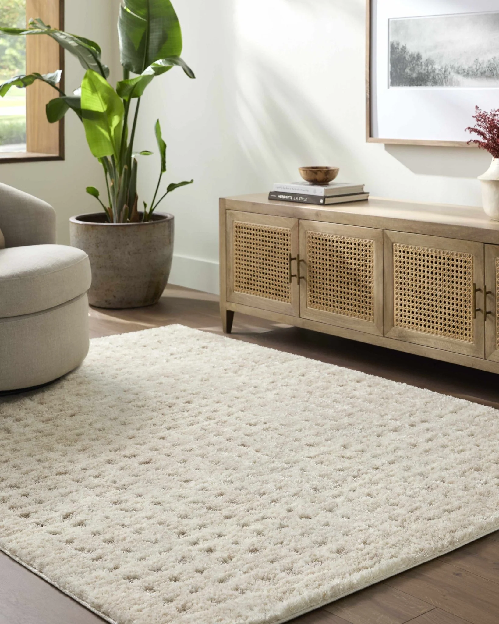 Modern Grid Pattern Ivory Machine Woven Rug - Image 2