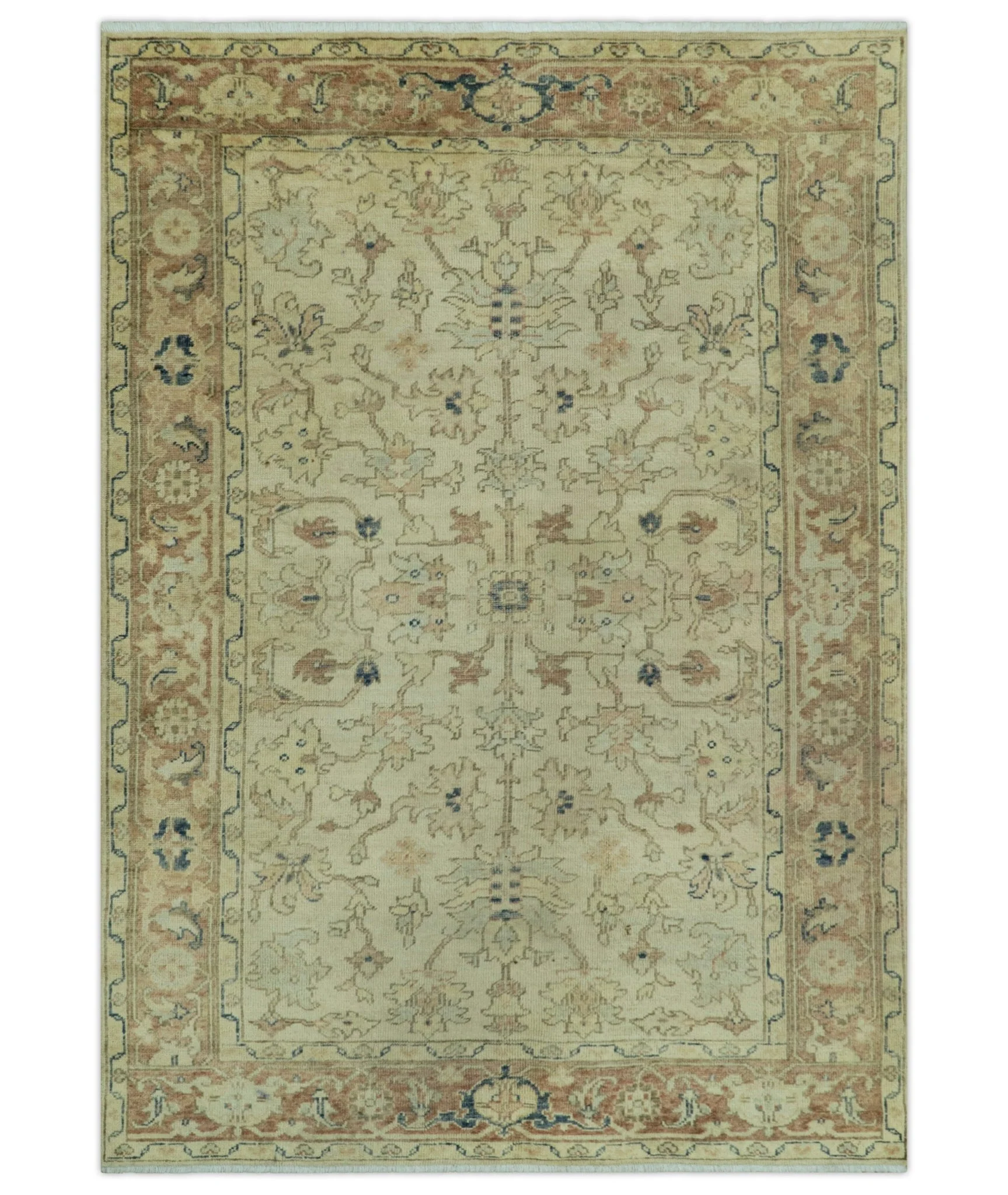 Heriz Traditional Design Beige And Blue 5.6x8 Hand Knotted Wool Area Rug - Image 10