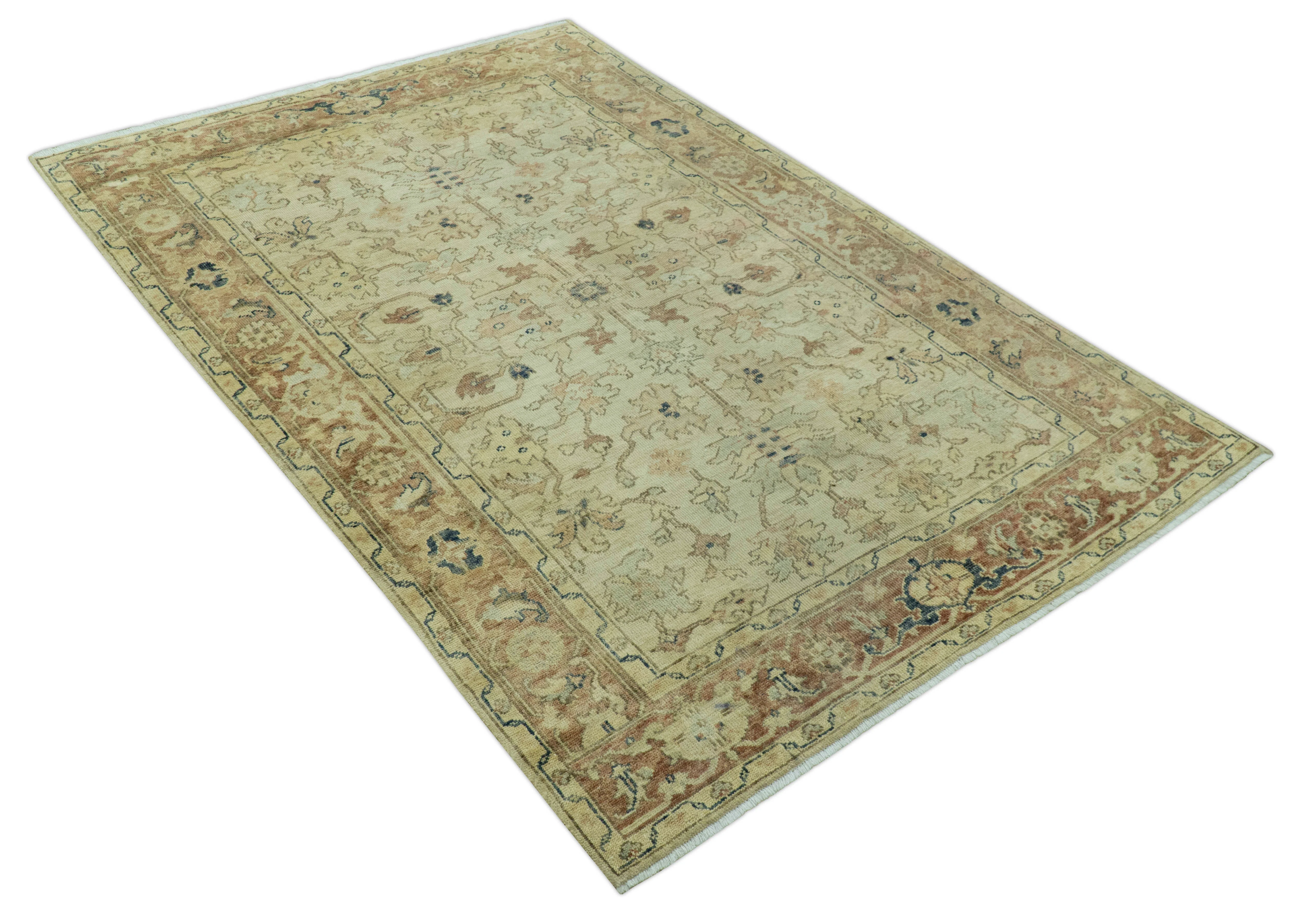 Heriz Traditional Design Beige And Blue 5.6x8 Hand Knotted Wool Area Rug - Image 11