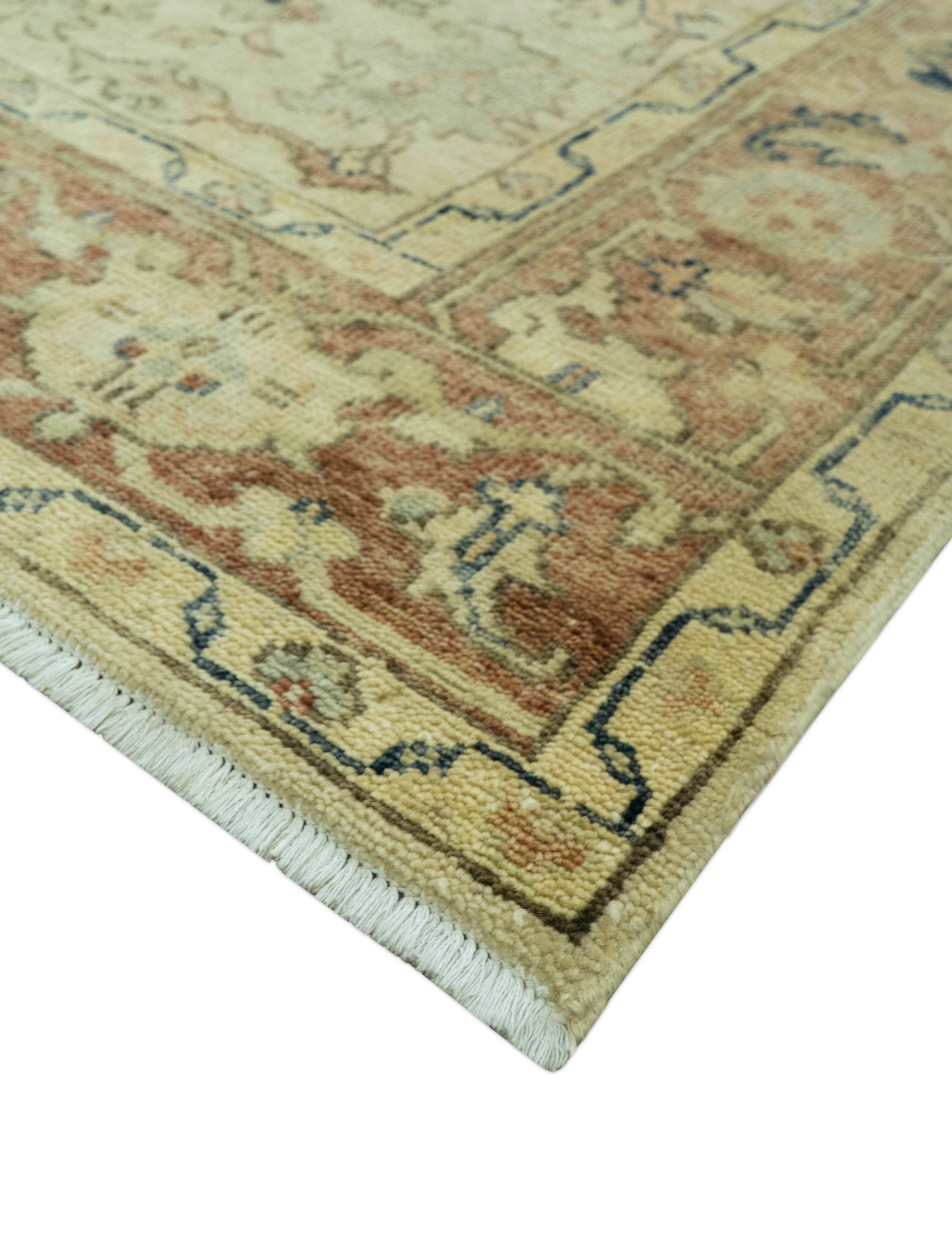 Heriz Traditional Design Beige And Blue 5.6x8 Hand Knotted Wool Area Rug - Image 9