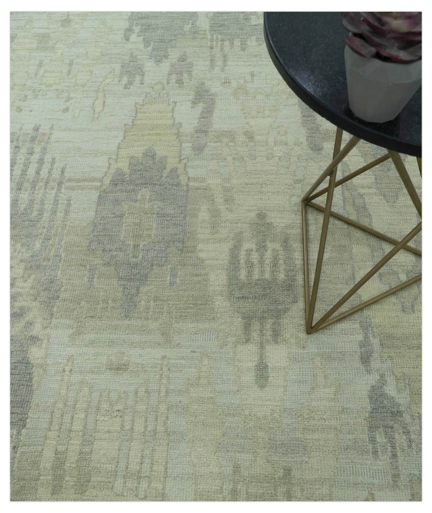 Modern Ikat Design distressed Beige And Charcoal Hand Knotted Custom Made wool rug - Image 3