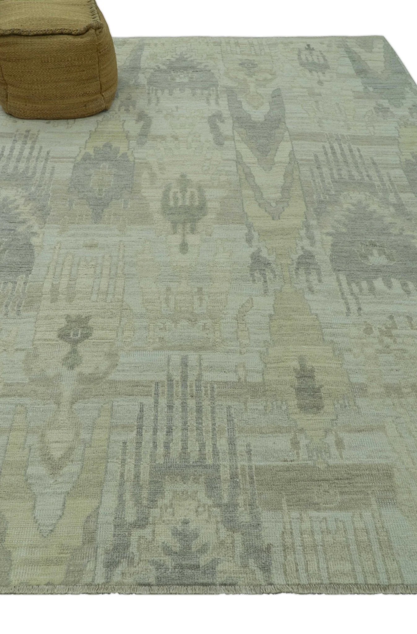 Modern Ikat Design distressed Beige And Charcoal Hand Knotted Custom Made wool rug - Image 9
