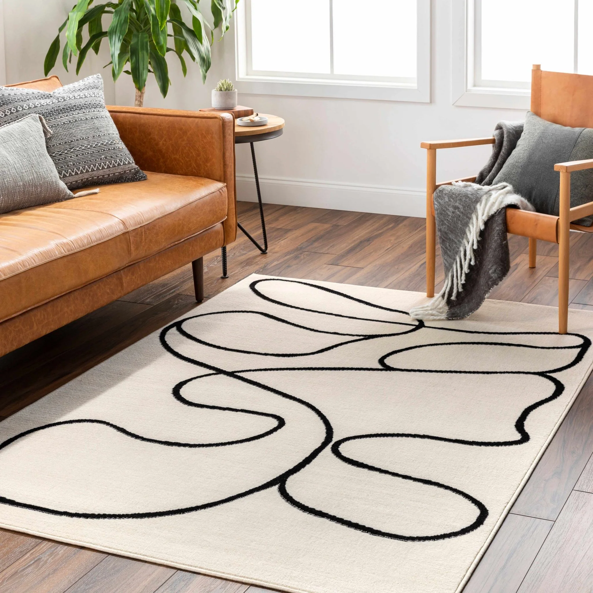 Modern Contemporary Ivory and Black Free lines design Area Rug - Image 2