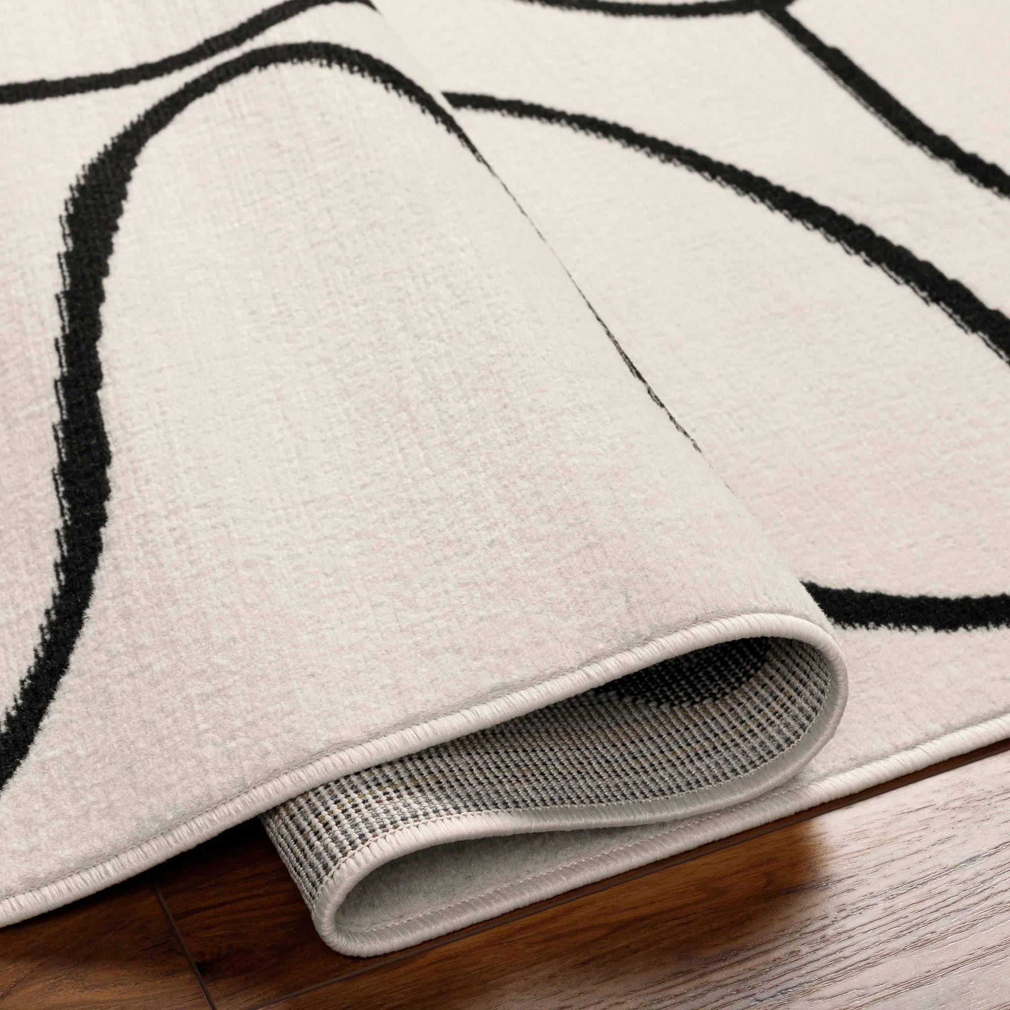 Modern Contemporary Ivory and Black Free lines design Area Rug - Image 4