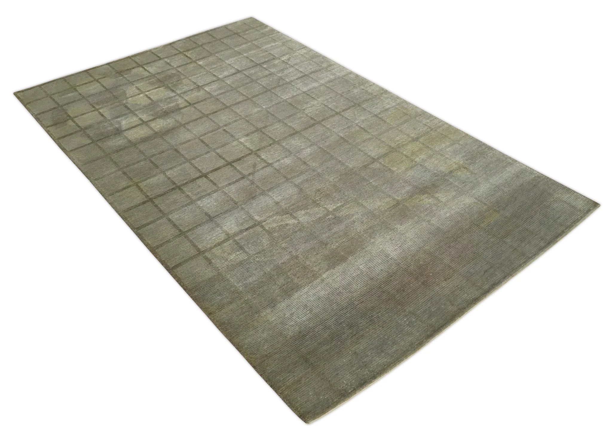 Modern Geometrical Ivory, Brown and Olive 5x8 Hand Knotted Wool and Silk Area Rug - Image 10