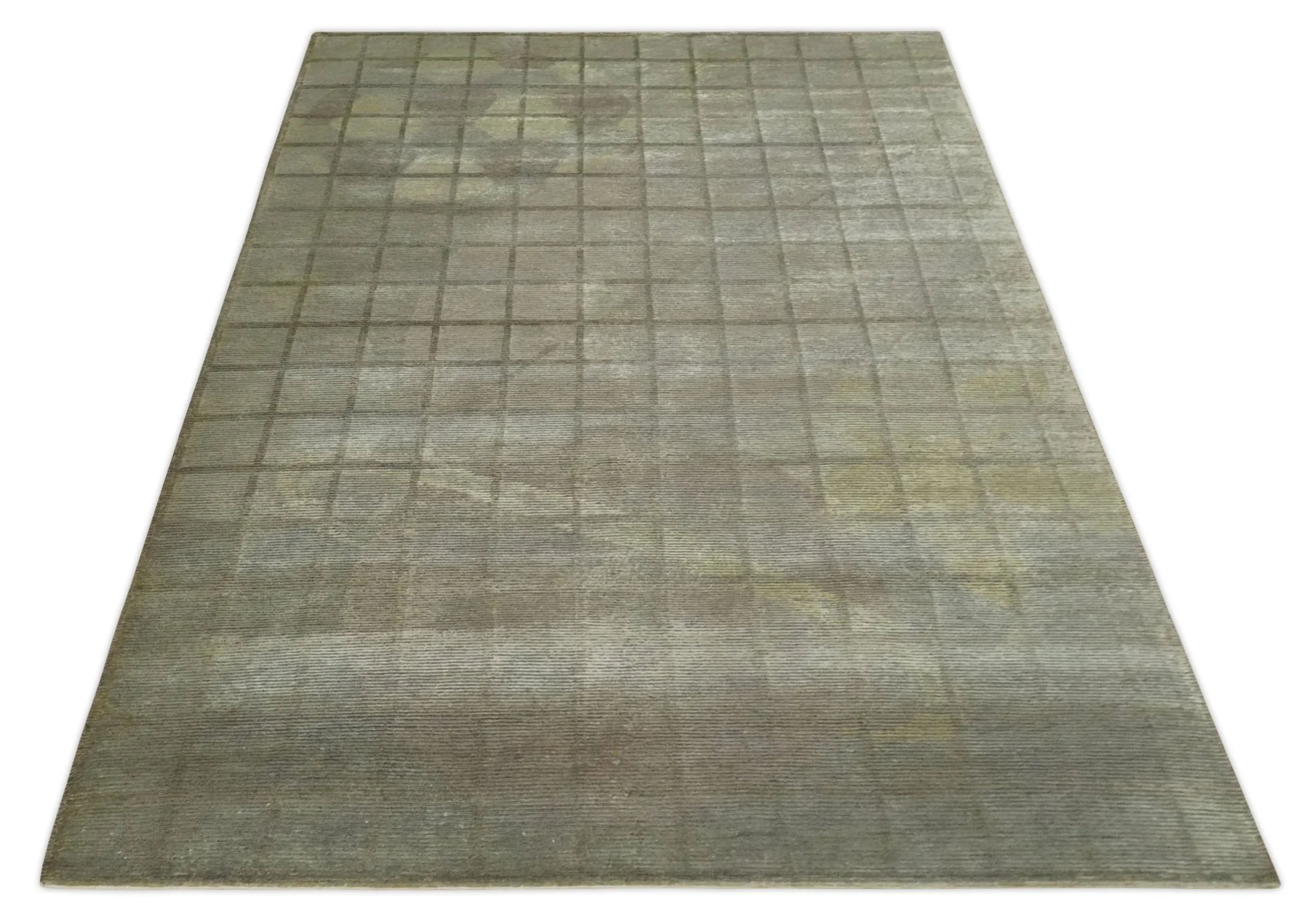Modern Geometrical Ivory, Brown and Olive 5x8 Hand Knotted Wool and Silk Area Rug - Image 11