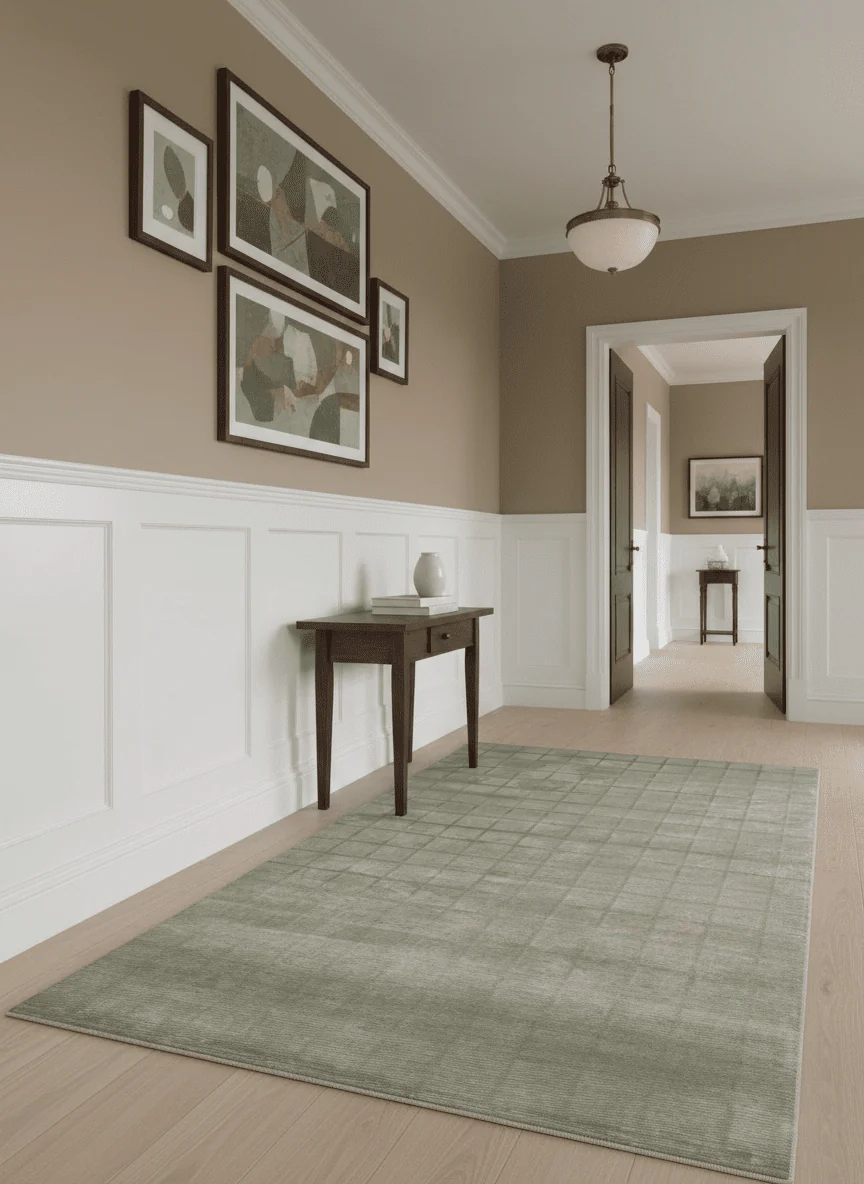 Modern Geometrical Ivory, Brown and Olive 5x8 Hand Knotted Wool and Silk Area Rug - Image 2