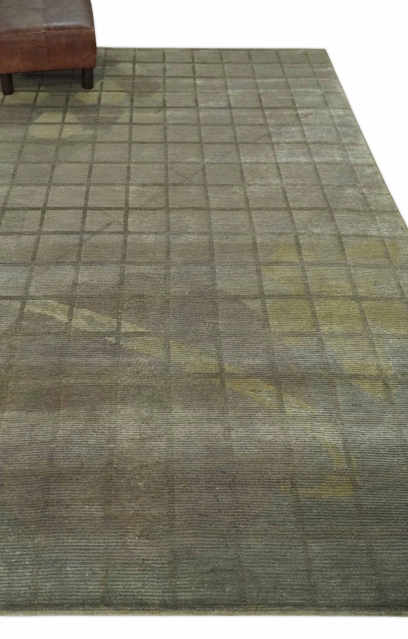 Modern Geometrical Ivory, Brown and Olive 5x8 Hand Knotted Wool and Silk Area Rug - Image 3