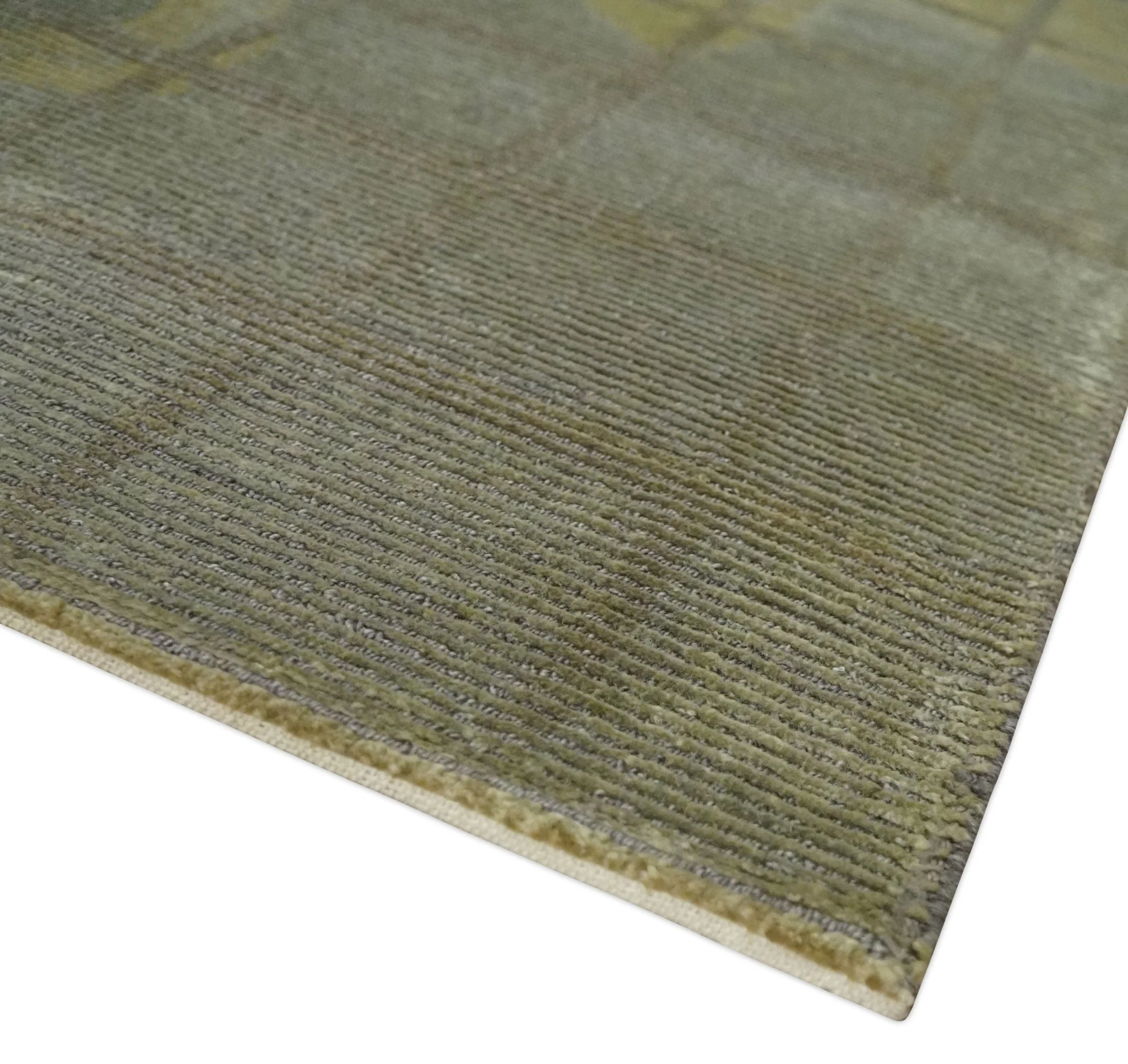 Modern Geometrical Ivory, Brown and Olive 5x8 Hand Knotted Wool and Silk Area Rug - Image 6