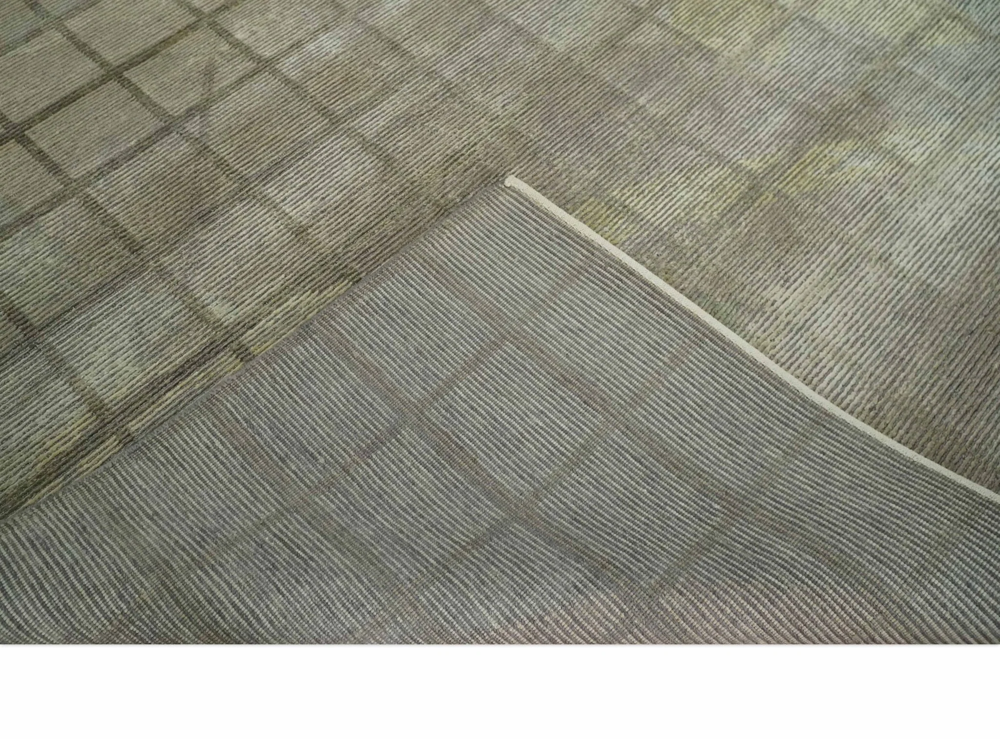 Modern Geometrical Ivory, Brown and Olive 5x8 Hand Knotted Wool and Silk Area Rug - Image 8