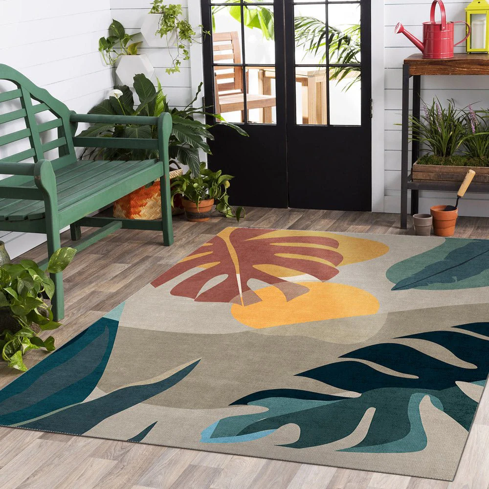 Modern Leaves Beige Machine Washable Cotton Area Rug - Image 4