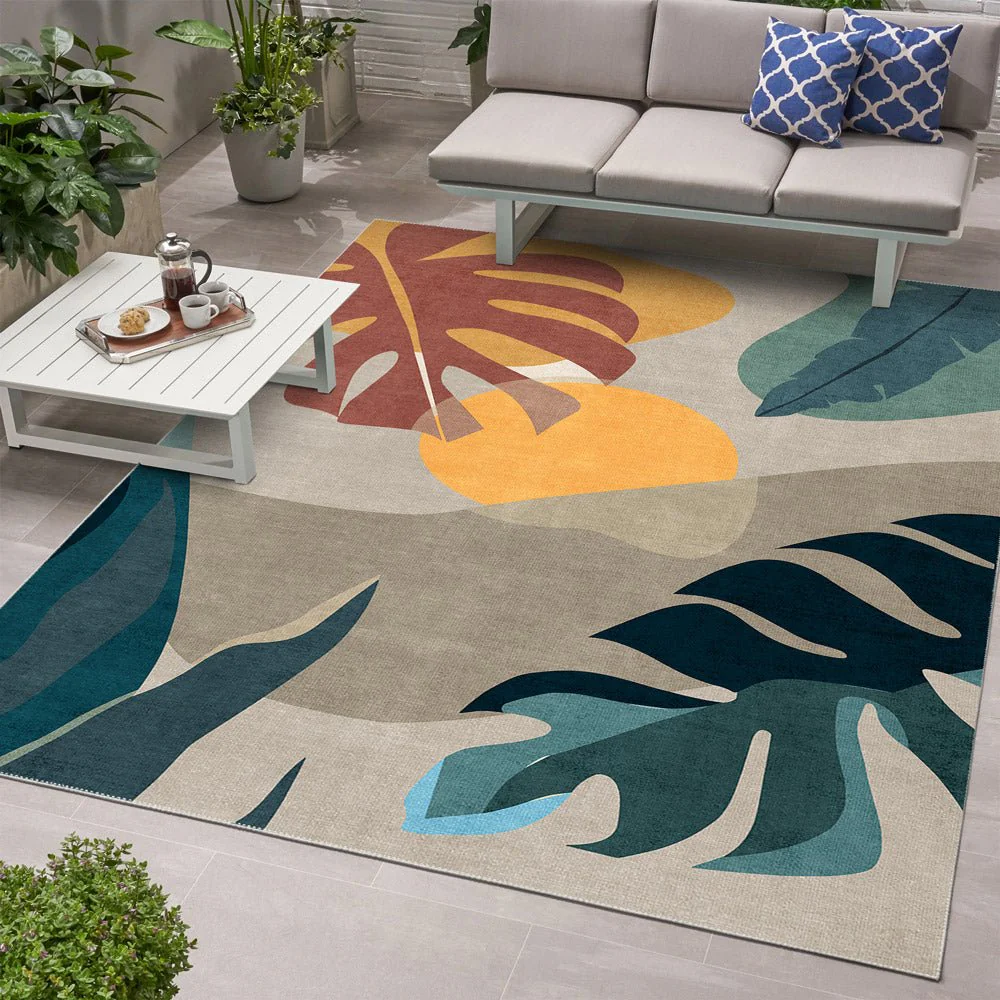 Modern Leaves Beige Machine Washable Cotton Area Rug - Image 5