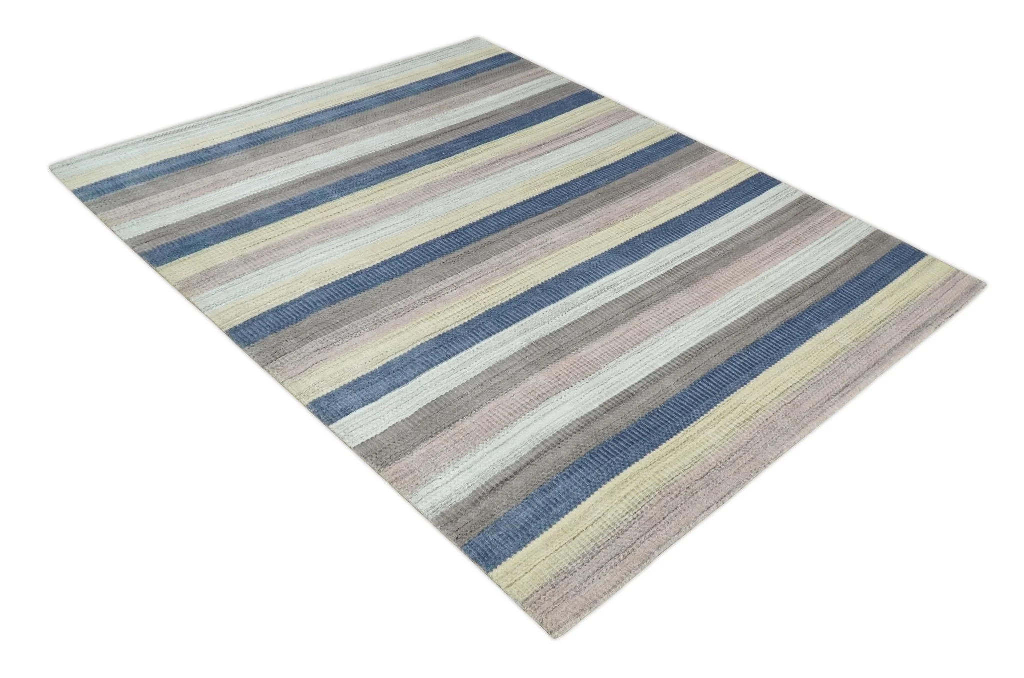 Modern Ombre 8x10 Hand Made Blue, Peach, Brown and Mustard Scandinavian Blended Wool Flatwoven Area Rug | KE39 - Image 10