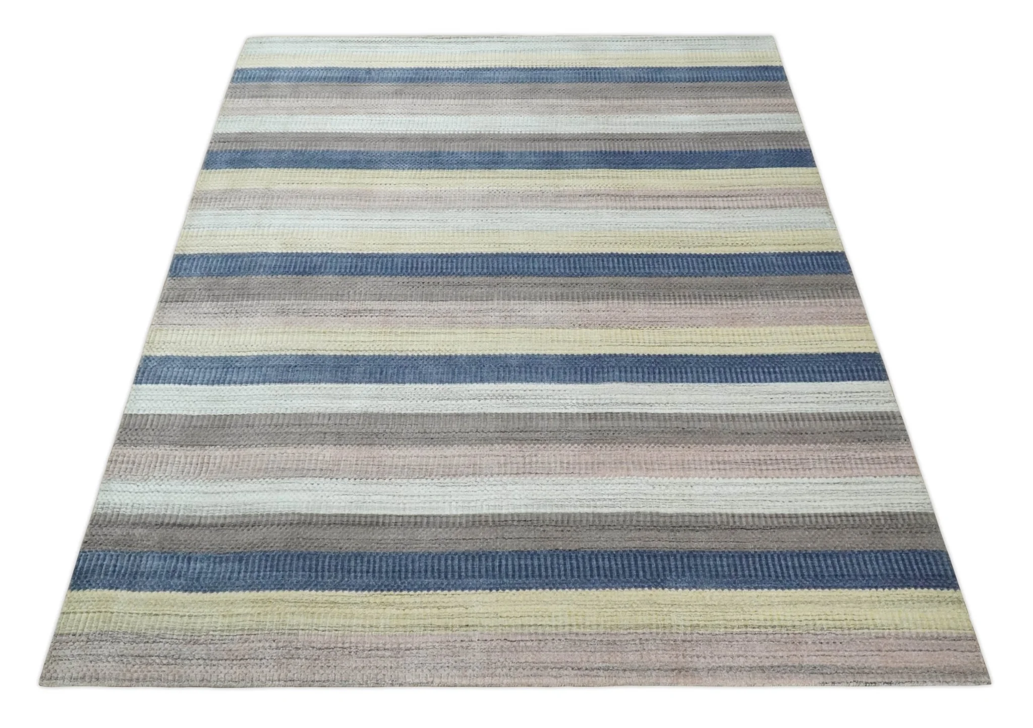 Modern Ombre 8x10 Hand Made Blue, Peach, Brown and Mustard Scandinavian Blended Wool Flatwoven Area Rug | KE39 - Image 11