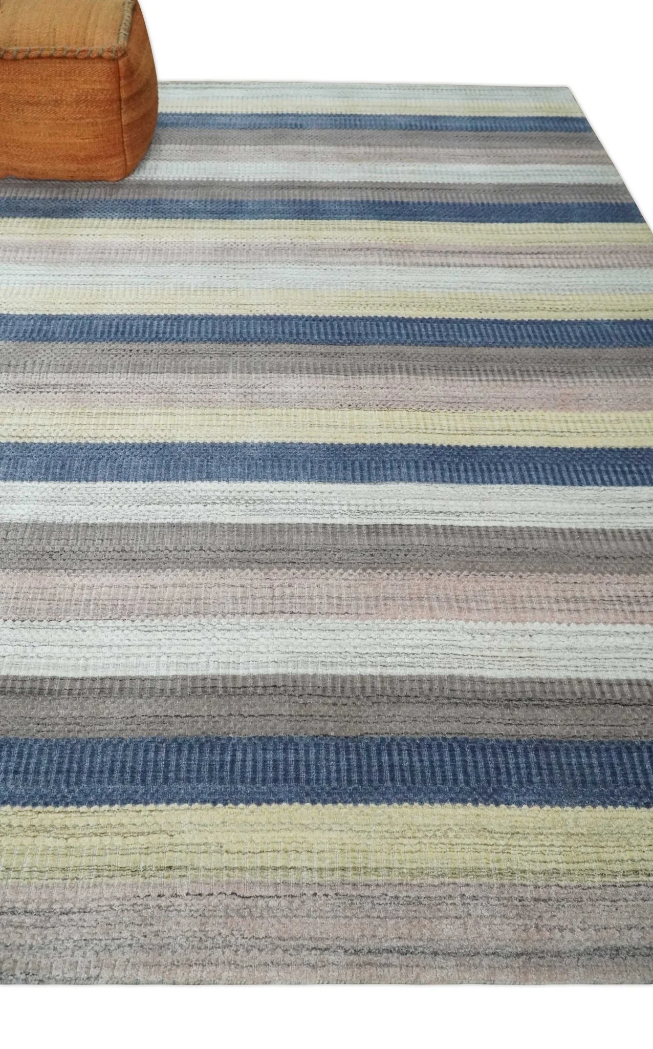 Modern Ombre 8x10 Hand Made Blue, Peach, Brown and Mustard Scandinavian Blended Wool Flatwoven Area Rug | KE39 - Image 3