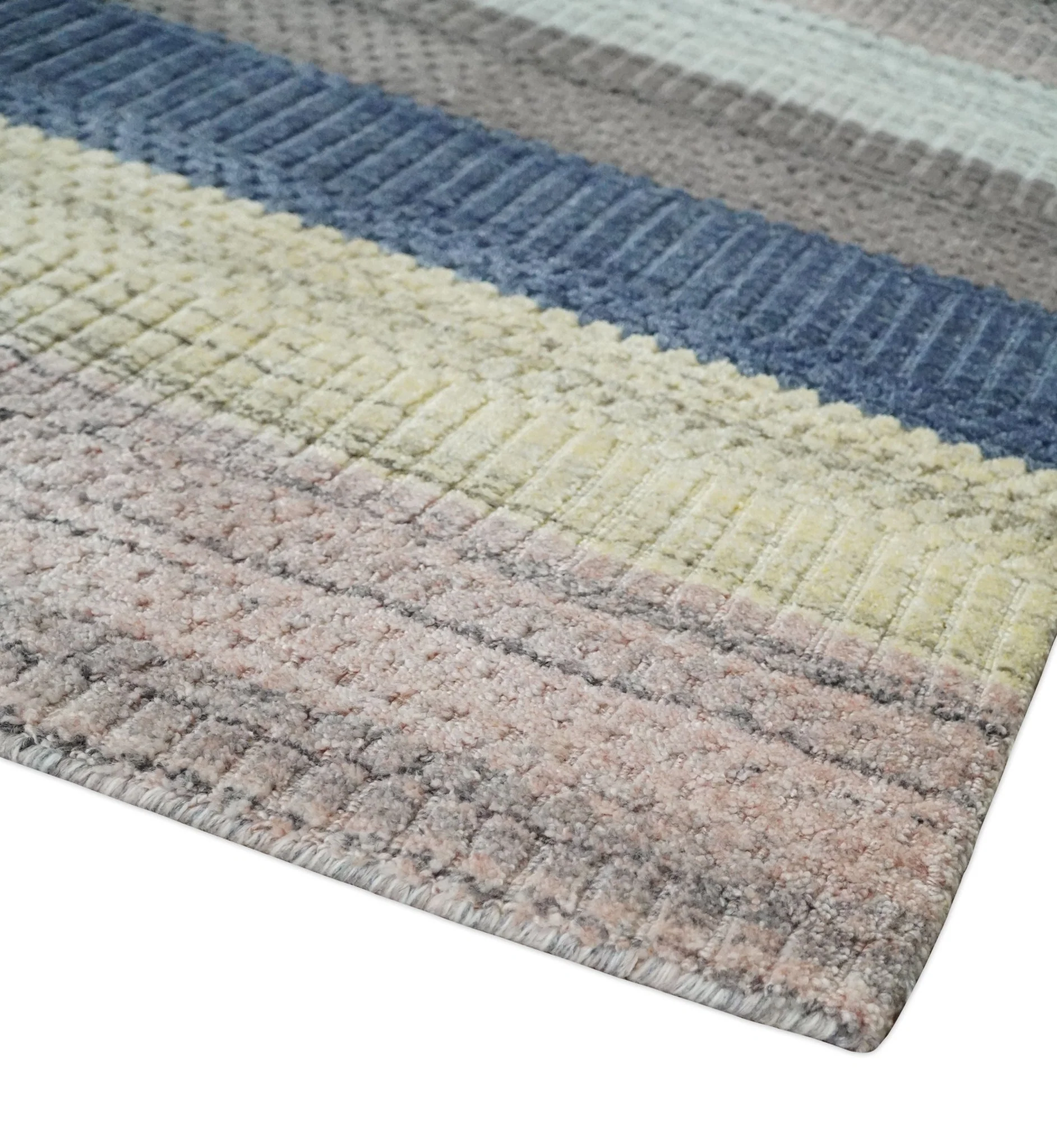 Modern Ombre 8x10 Hand Made Blue, Peach, Brown and Mustard Scandinavian Blended Wool Flatwoven Area Rug | KE39 - Image 5