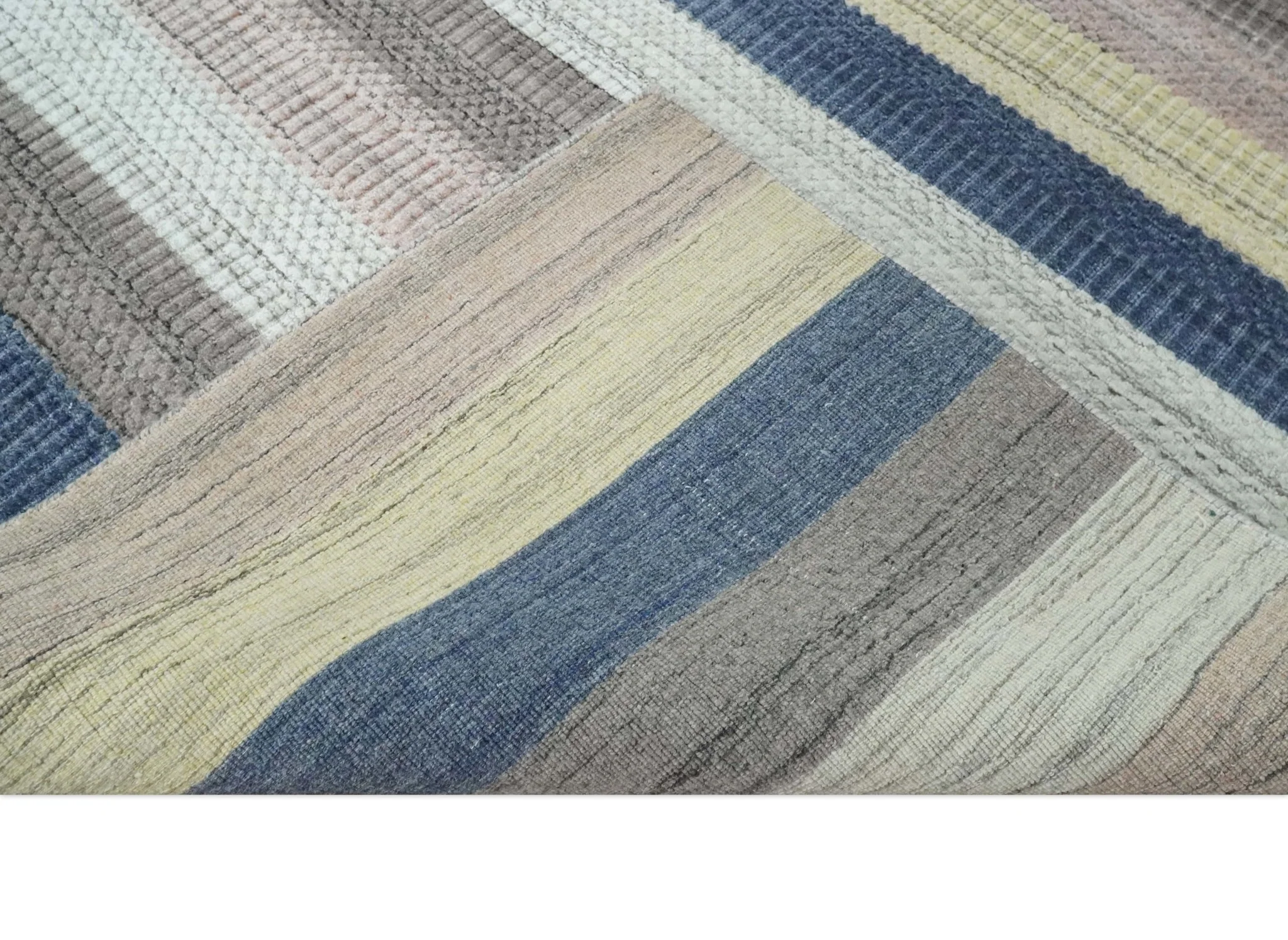 Modern Ombre 8x10 Hand Made Blue, Peach, Brown and Mustard Scandinavian Blended Wool Flatwoven Area Rug | KE39 - Image 9