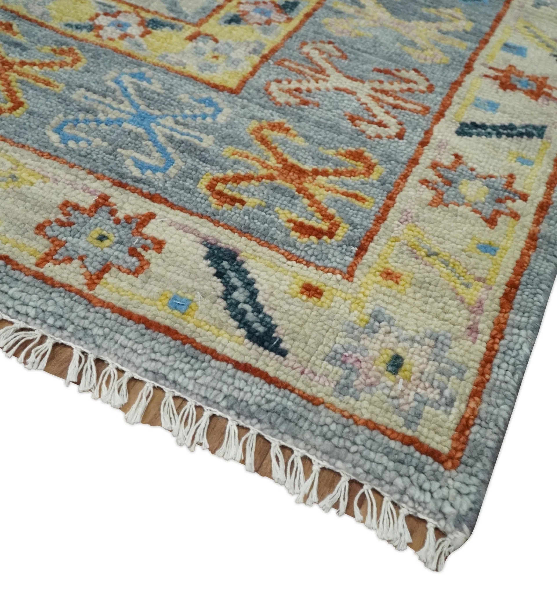 Vibrant Colorful Silver, Blue, Rust and Mustard Traditional Hand Knotted Custom Made Wool Area Rug - Image 11
