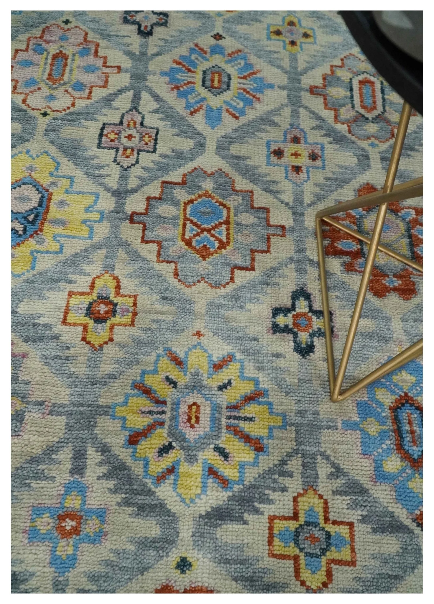 Vibrant Colorful Silver, Blue, Rust and Mustard Traditional Hand Knotted Custom Made Wool Area Rug - Image 2