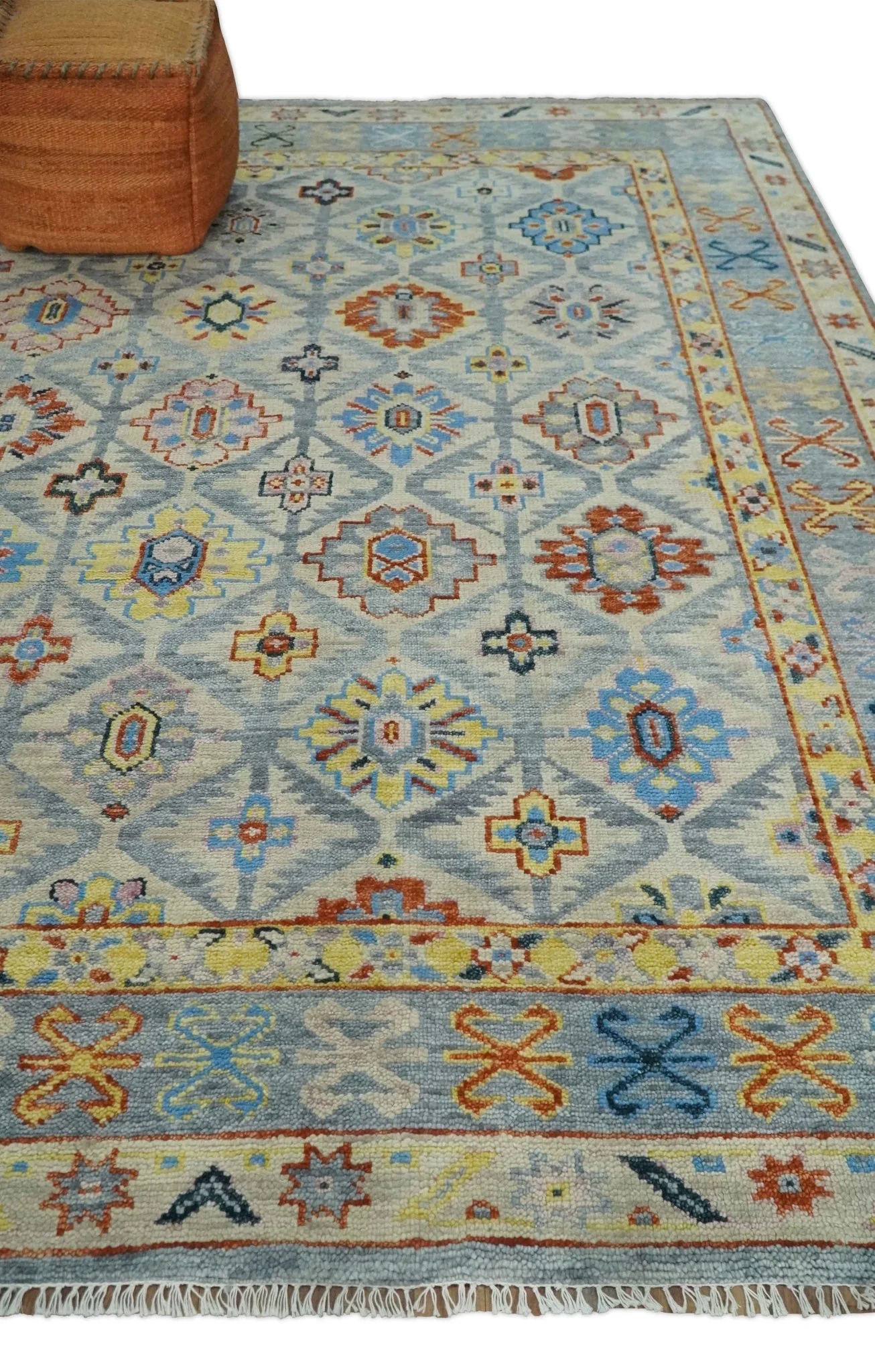 Vibrant Colorful Silver, Blue, Rust and Mustard Traditional Hand Knotted Custom Made Wool Area Rug - Image 3