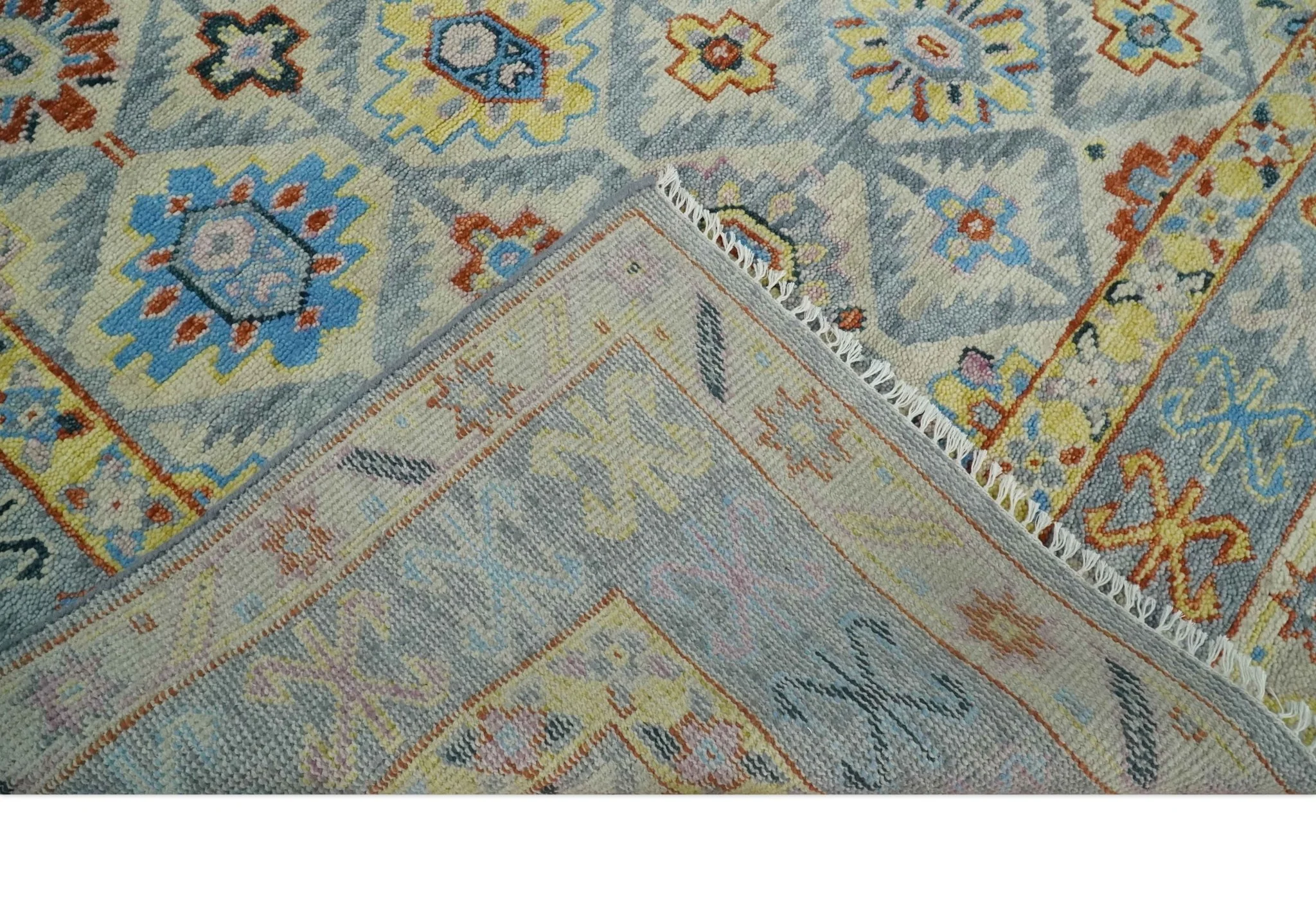 Vibrant Colorful Silver, Blue, Rust and Mustard Traditional Hand Knotted Custom Made Wool Area Rug - Image 4