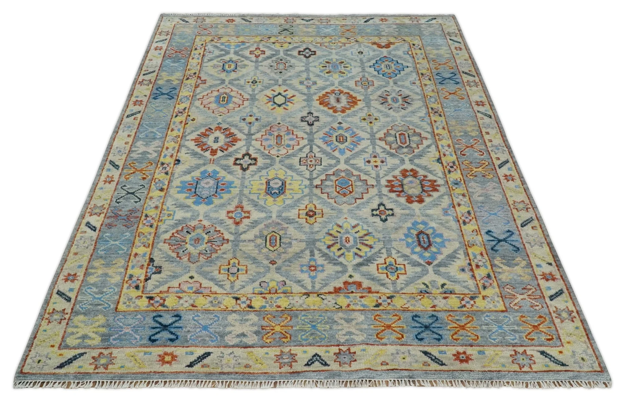 Vibrant Colorful Silver, Blue, Rust and Mustard Traditional Hand Knotted Custom Made Wool Area Rug - Image 6