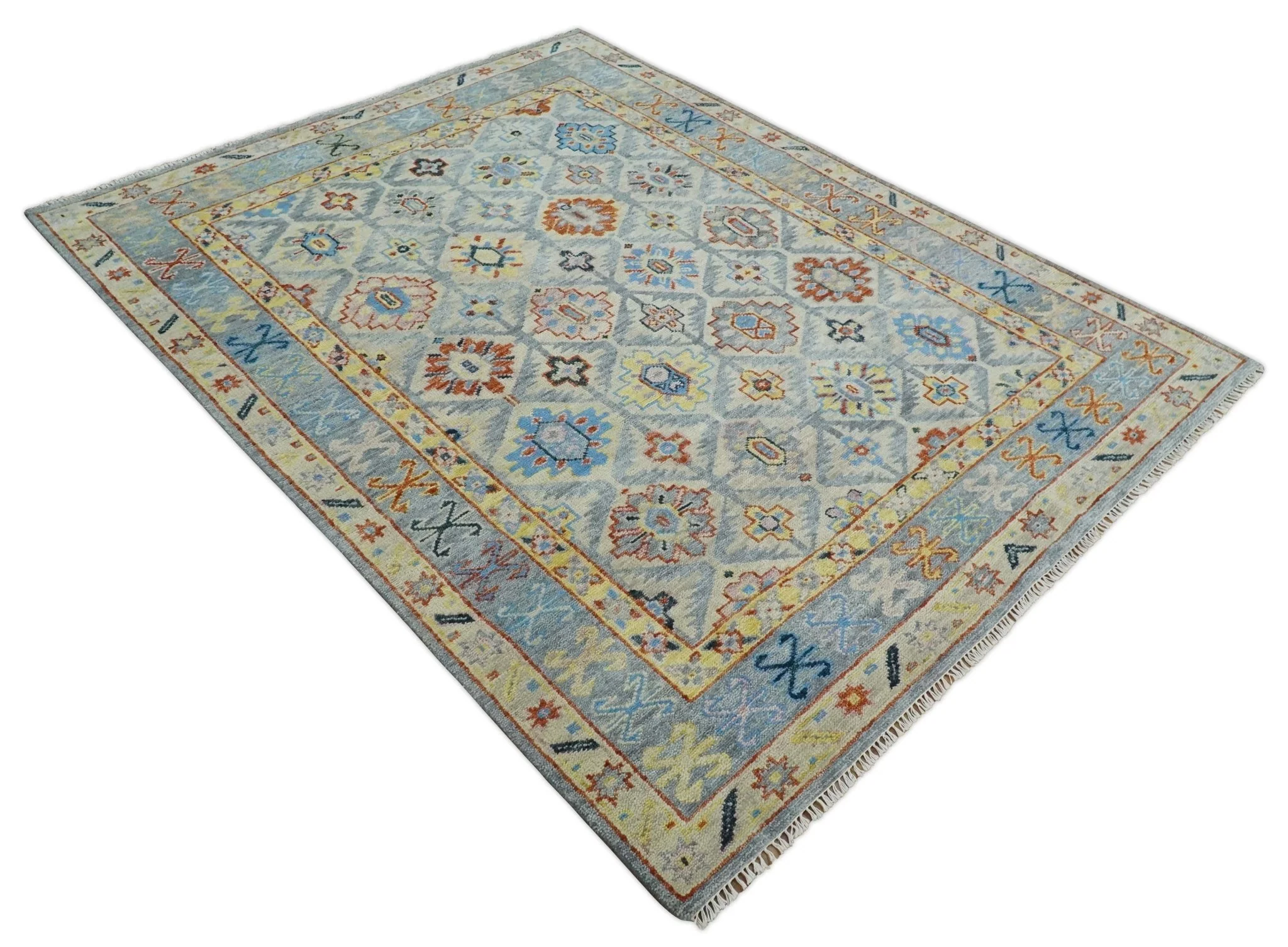 Vibrant Colorful Silver, Blue, Rust and Mustard Traditional Hand Knotted Custom Made Wool Area Rug - Image 7