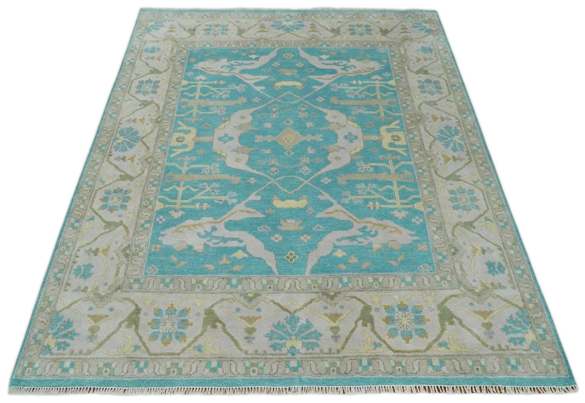 Modern Oushak Hand Knotted 8x10 Persian Blue and Silver Antique Wool Area Rug | TRDCP912810 - Image 11