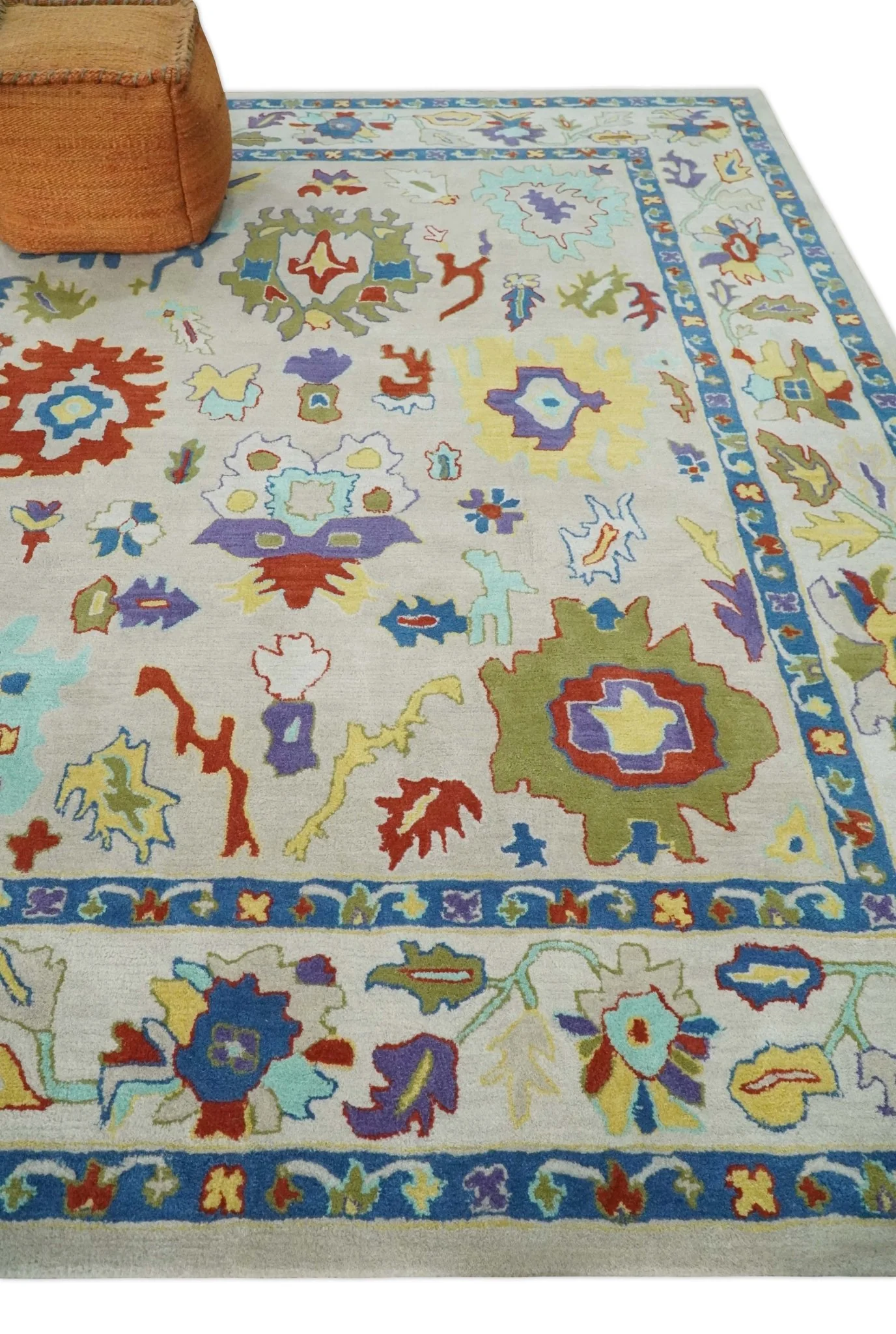 Modern Oushak Rug Hand Tufted Ivory and Blue Colorful Rug, Kids, Living Room and Bedroom Rug - Image 3