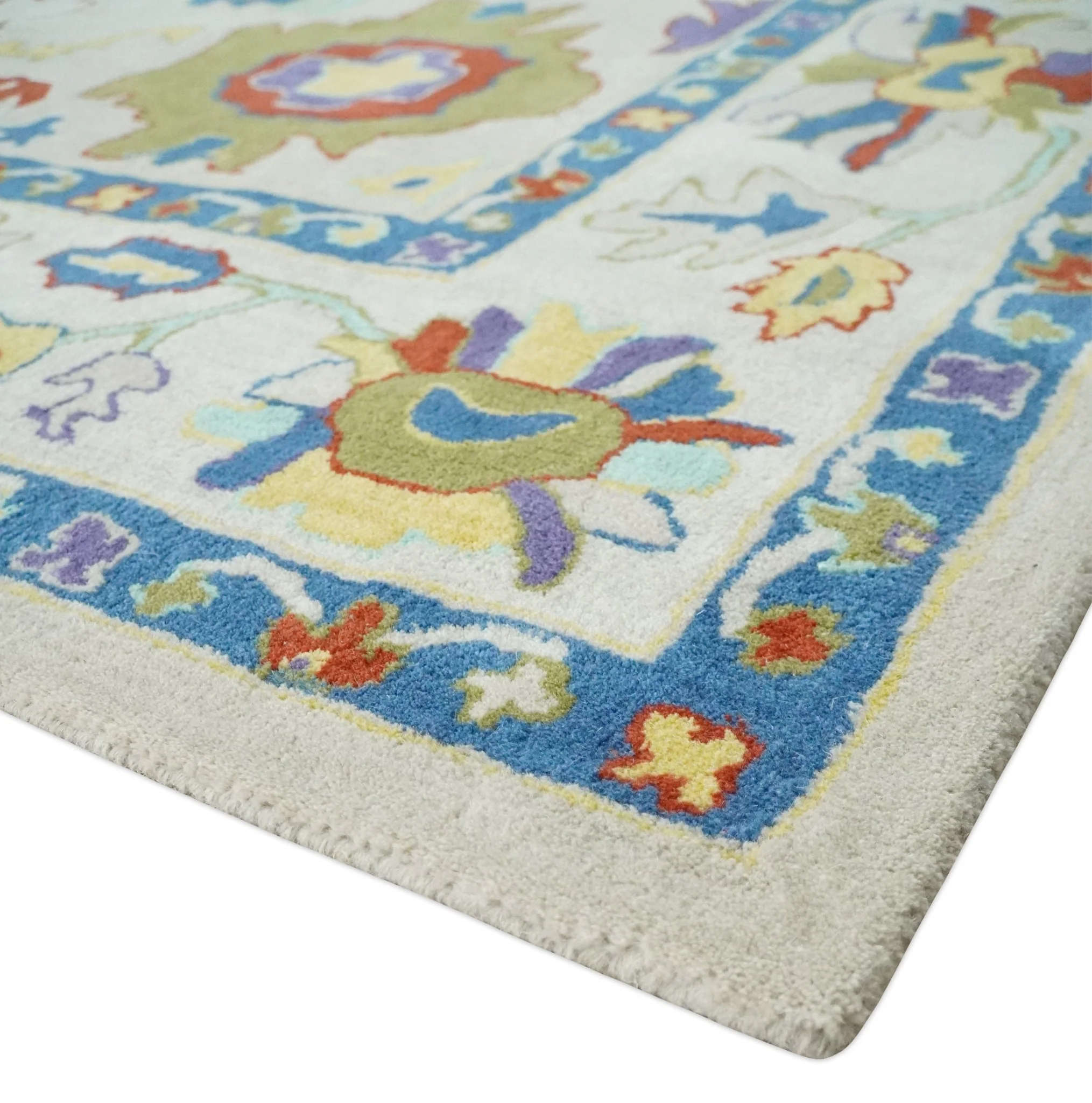 Modern Oushak Rug Hand Tufted Ivory and Blue Colorful Rug, Kids, Living Room and Bedroom Rug - Image 7