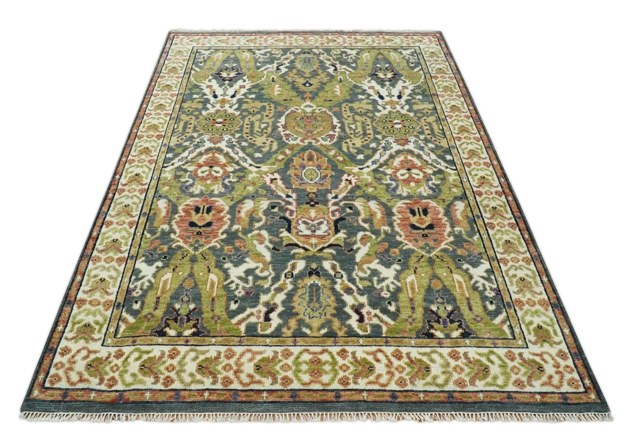 Antique look Hand knotted Green, Ivory and Gray Traditional Large design Multi Size wool Area Rug - Image 10