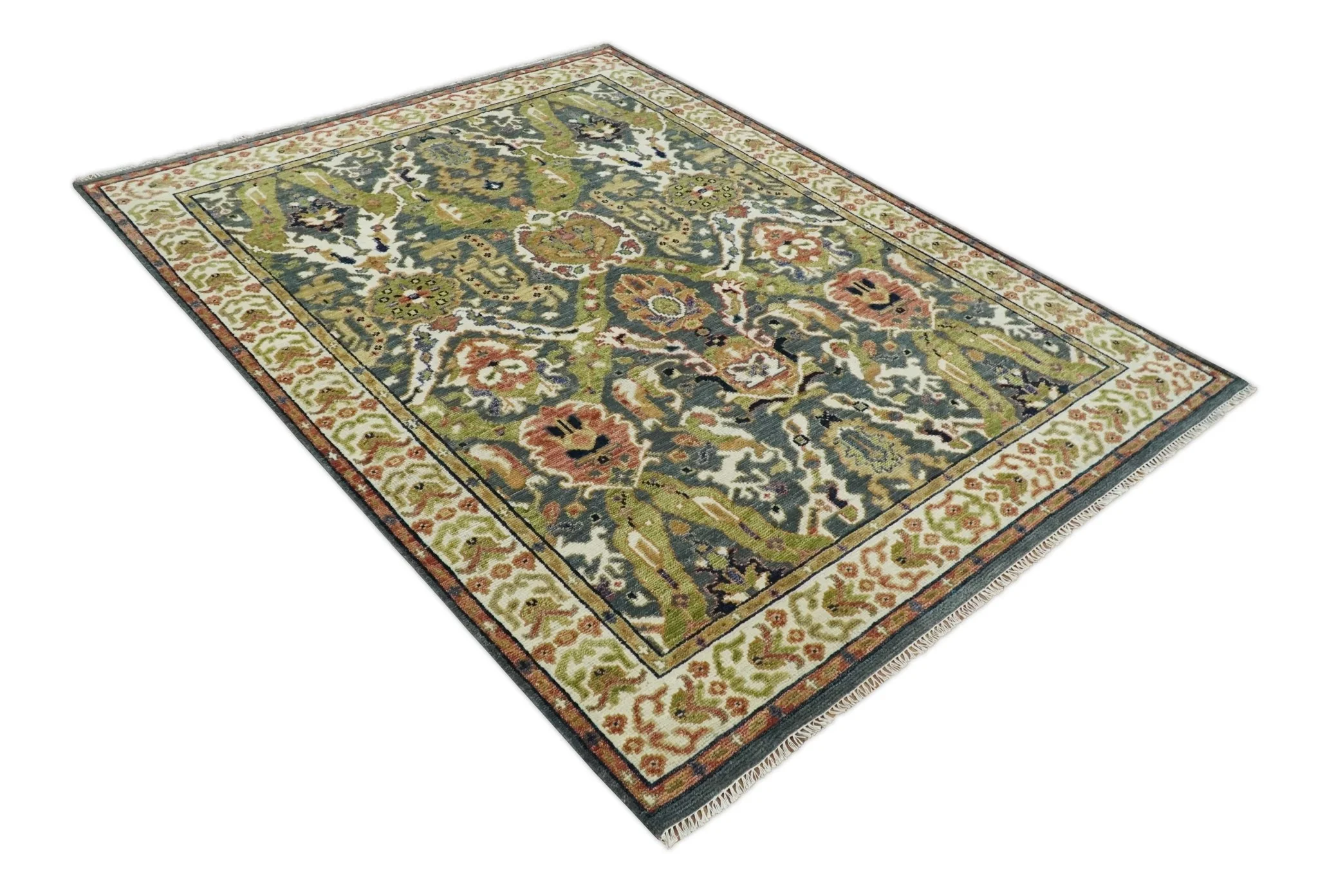 Antique look Hand knotted Green, Ivory and Gray Traditional Large design Multi Size wool Area Rug - Image 11