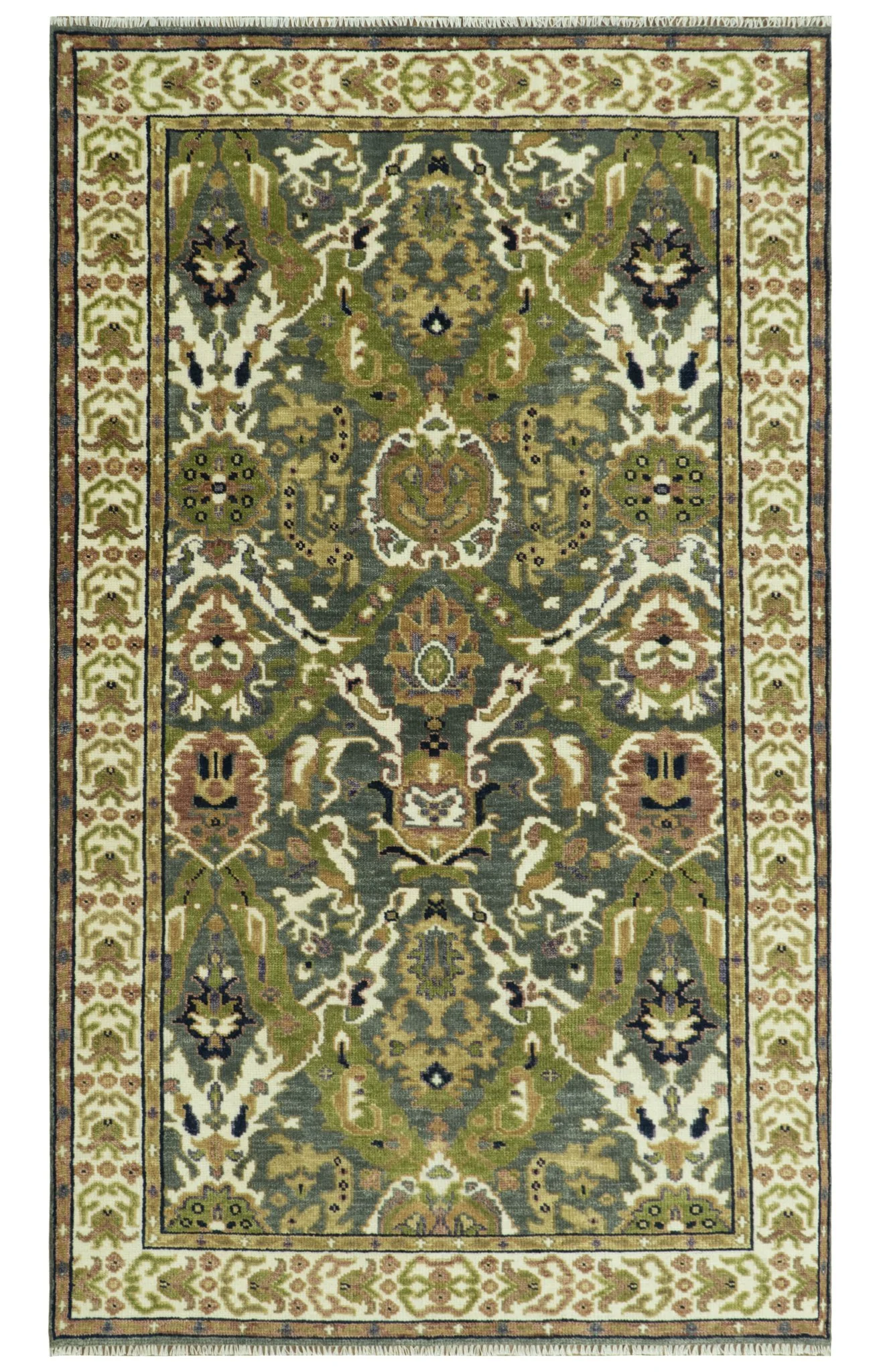Antique look Hand knotted Green, Ivory and Gray Traditional Large design Multi Size wool Area Rug - Image 12