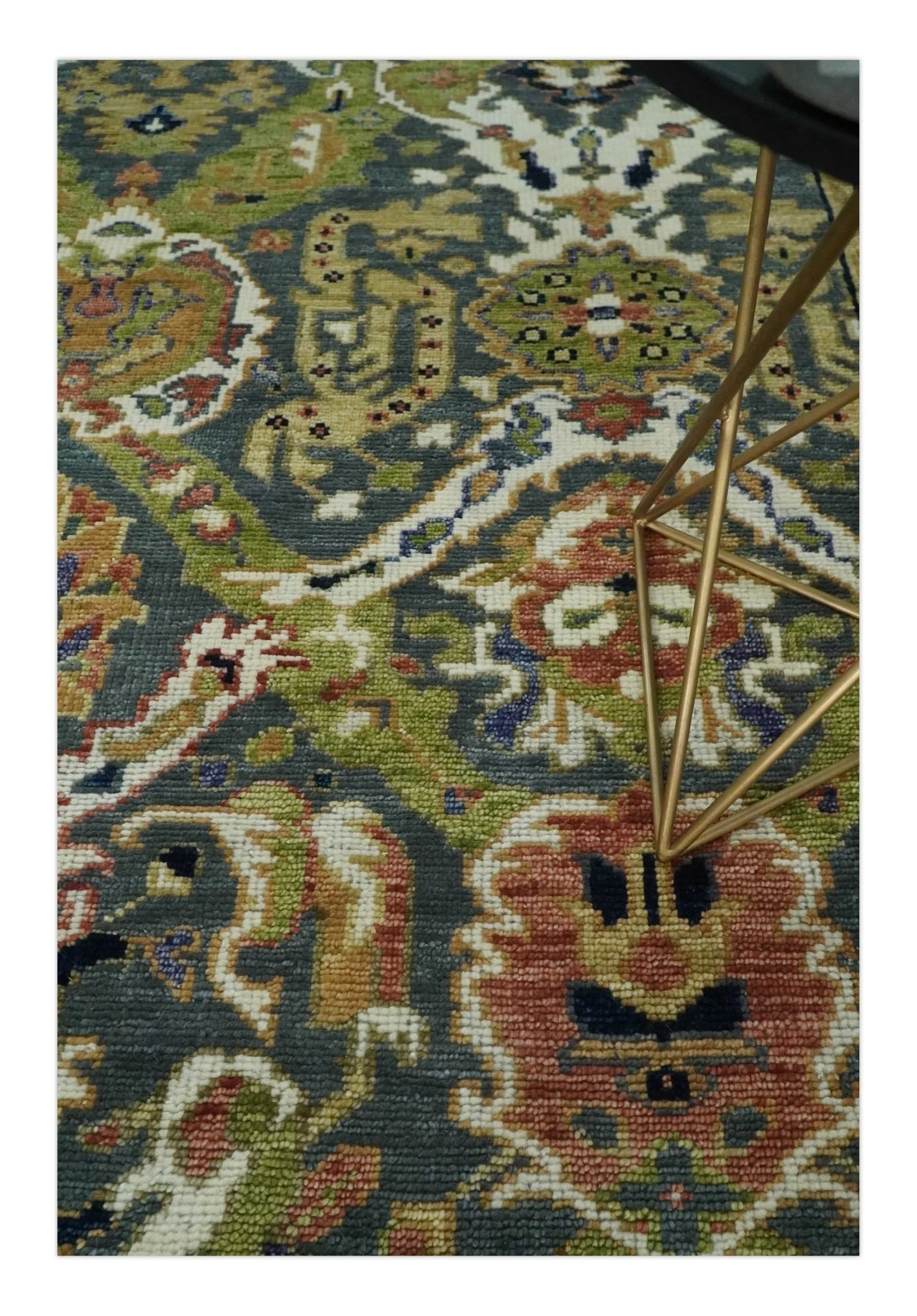 Antique look Hand knotted Green, Ivory and Gray Traditional Large design Multi Size wool Area Rug - Image 2